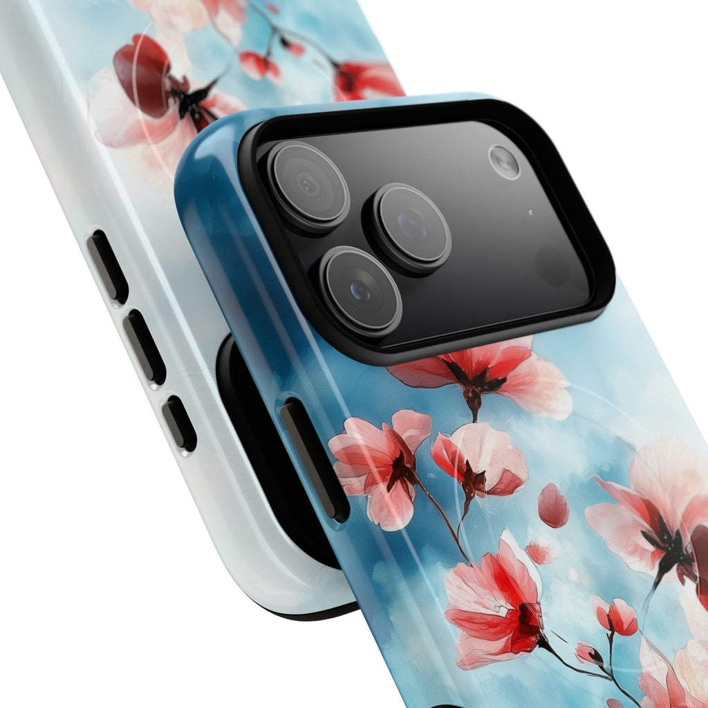 Custodia MagSafe per iPhone con motivo floreale di ciliegio | Rosa pastello e blu