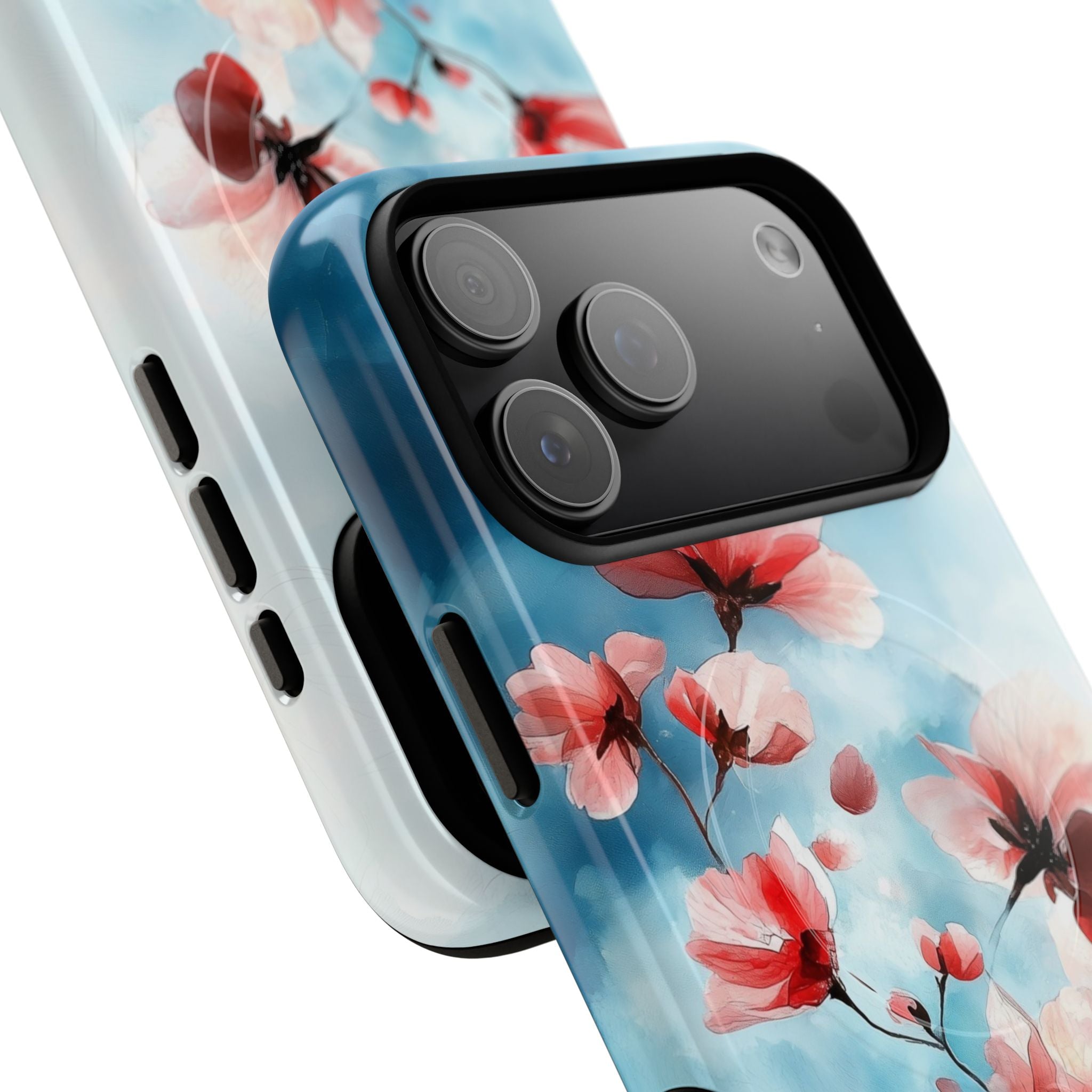 Custodia MagSafe per iPhone con motivo floreale di ciliegio | Rosa pastello e blu