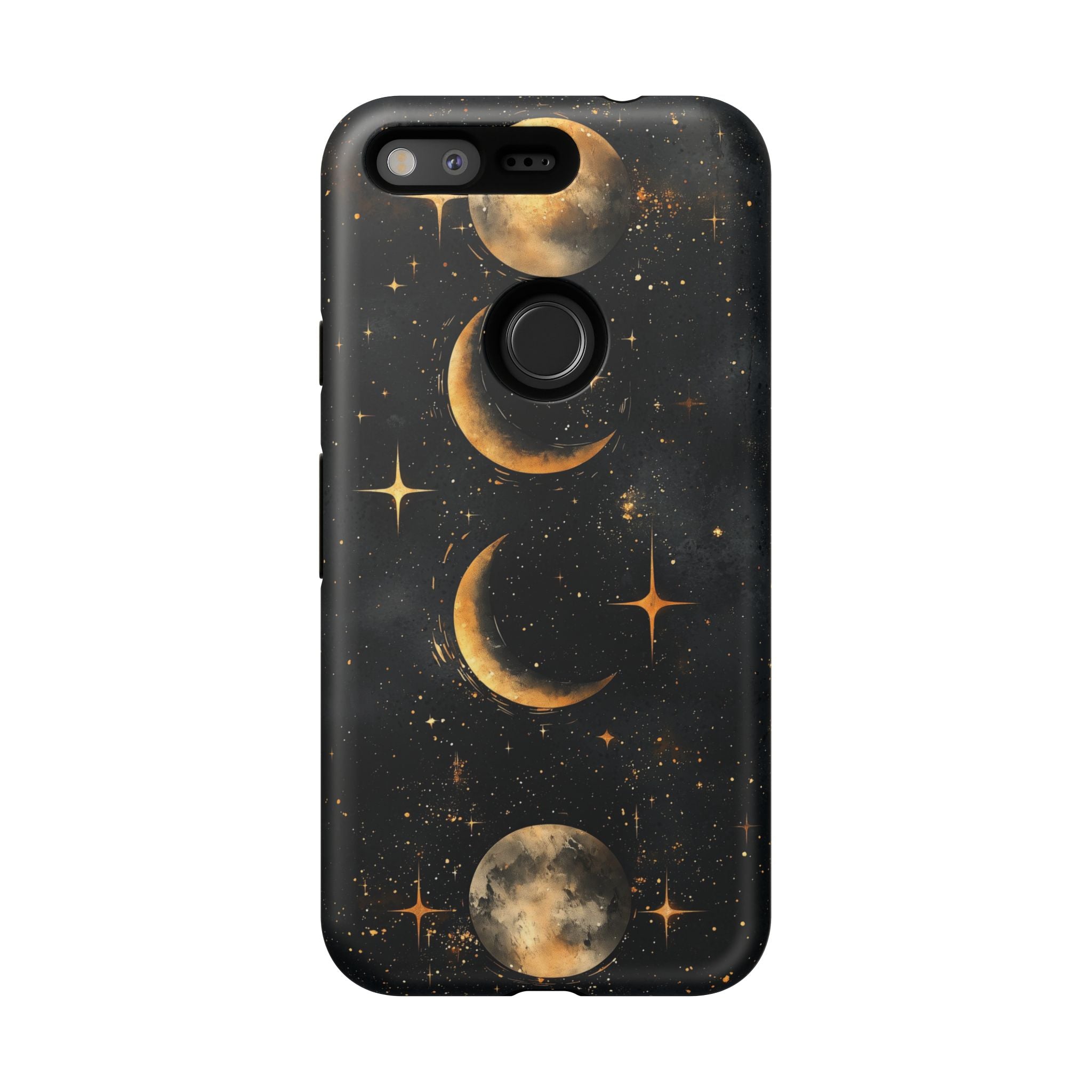 Celestial Moon Phases Tough Google Pixel Case | Gold Crescent & Full Moon Galaxy Design