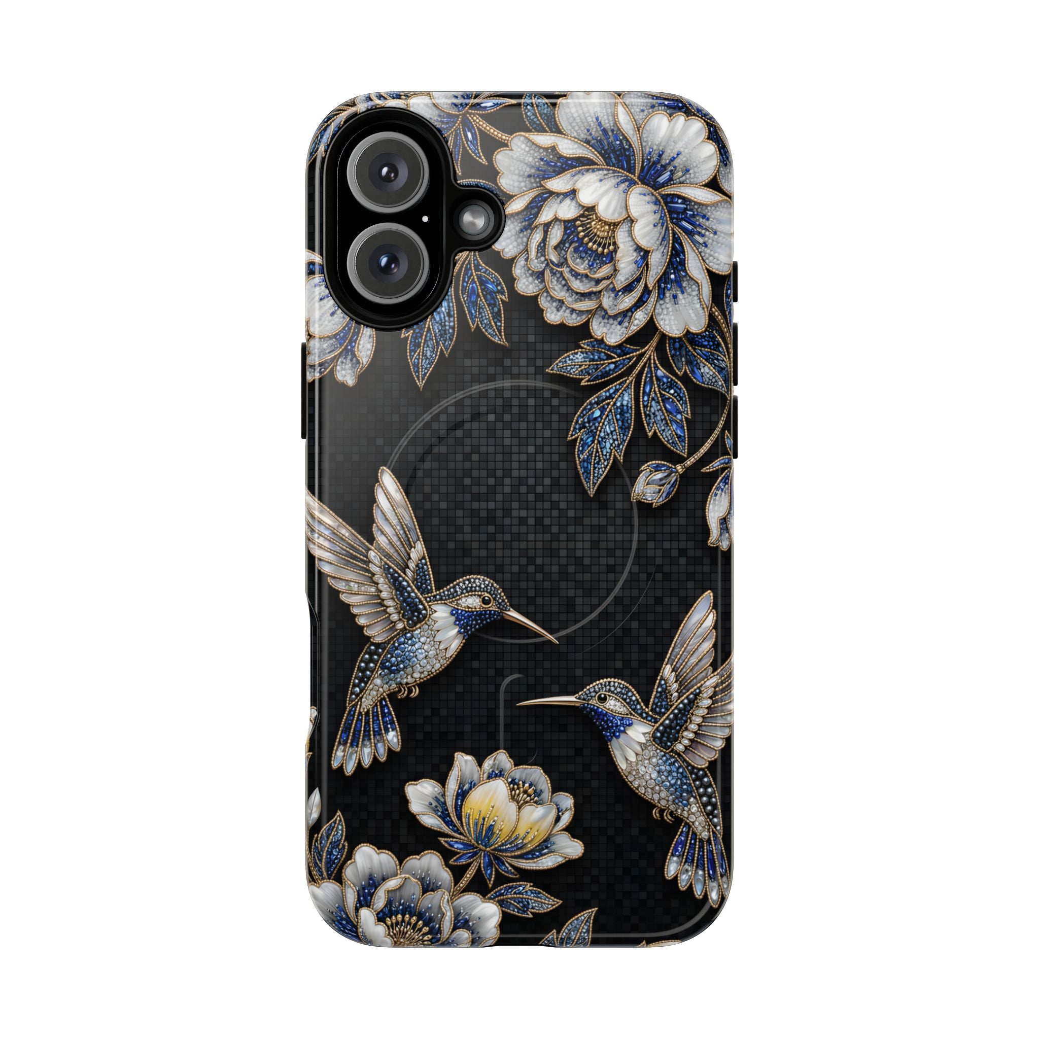 Hummingbird & Peony Floral MagSafe iPhone Case | Elegant Black Protective Cover