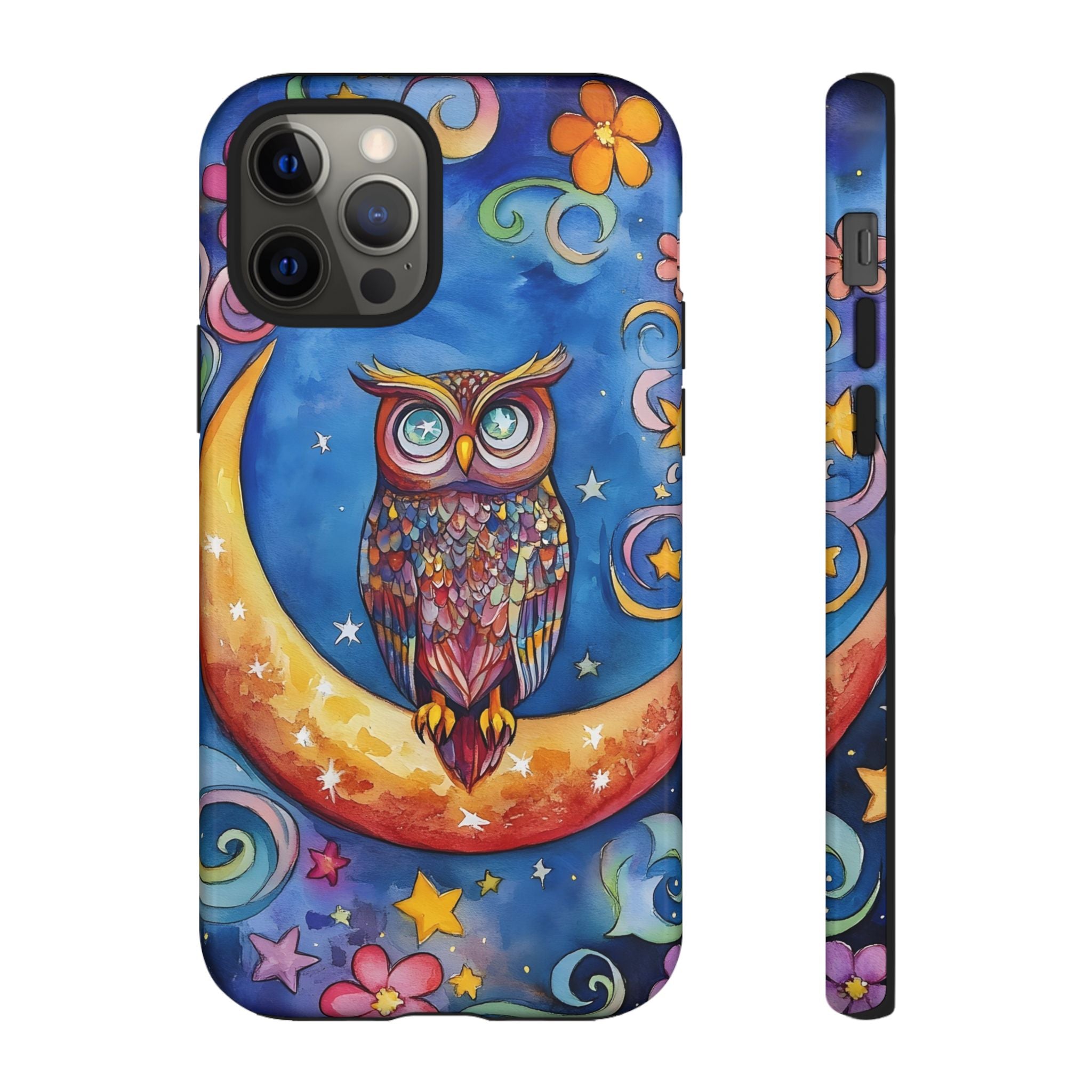 Owl on Crescent Moon iPhone Case — Colourful Whimsical Night Sky Design