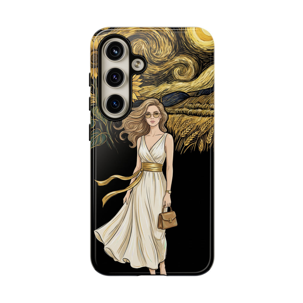 Cover per telefono Samsung Galaxy "Notte di girasoli" | Donna in abito fluente stile Van Gogh