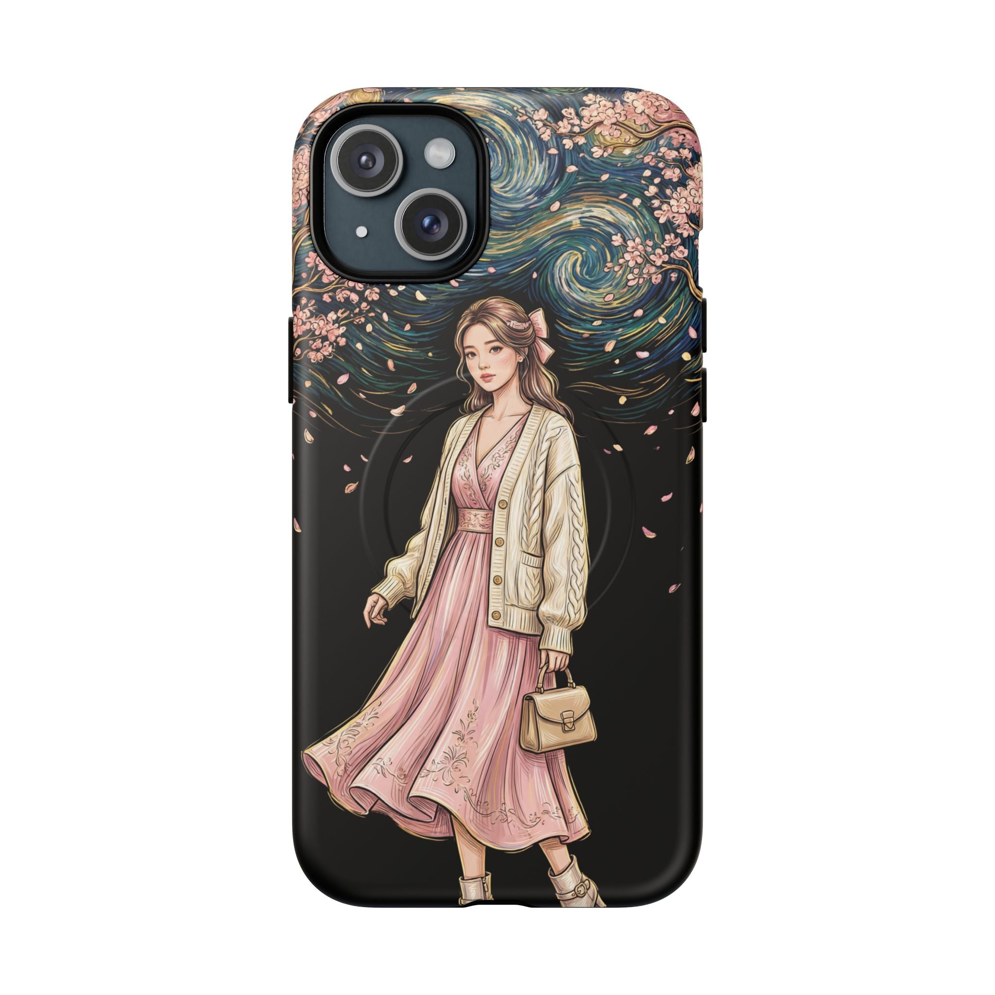 Floral Starry Night MagSafe iPhone Case | Elegant Girl in Pink Dress