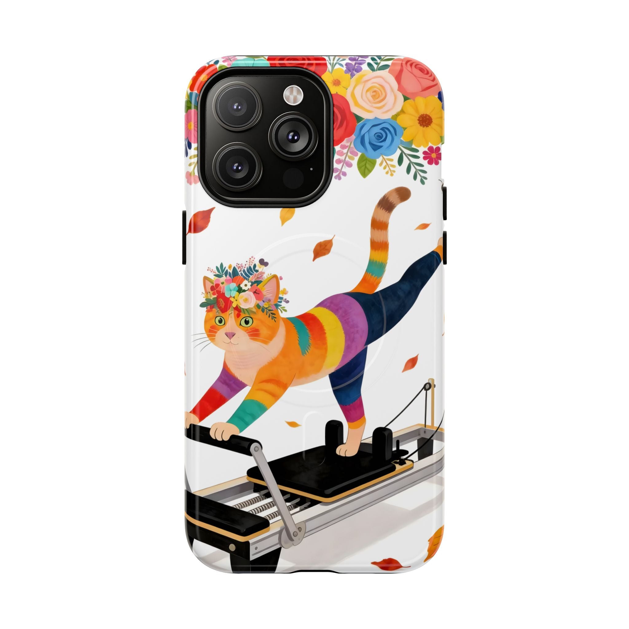 Cat Pilates MagSafe iPhone Case | Floral Rainbow Cat on Reformer