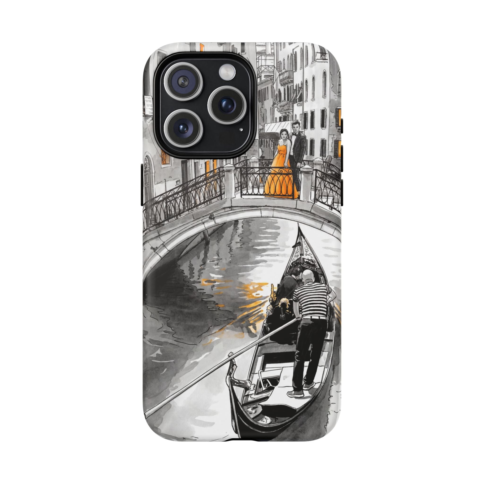 Custodia per iPhone Gondola di Venezia | Custodia MagSafe resistente con motivo schizzo in bianco e nero e dettagli dorati