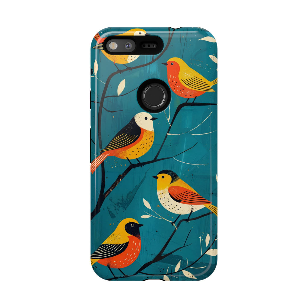 Bird Pattern Tough Google Pixel Phone Case | Colourful Songbirds on Teal Background