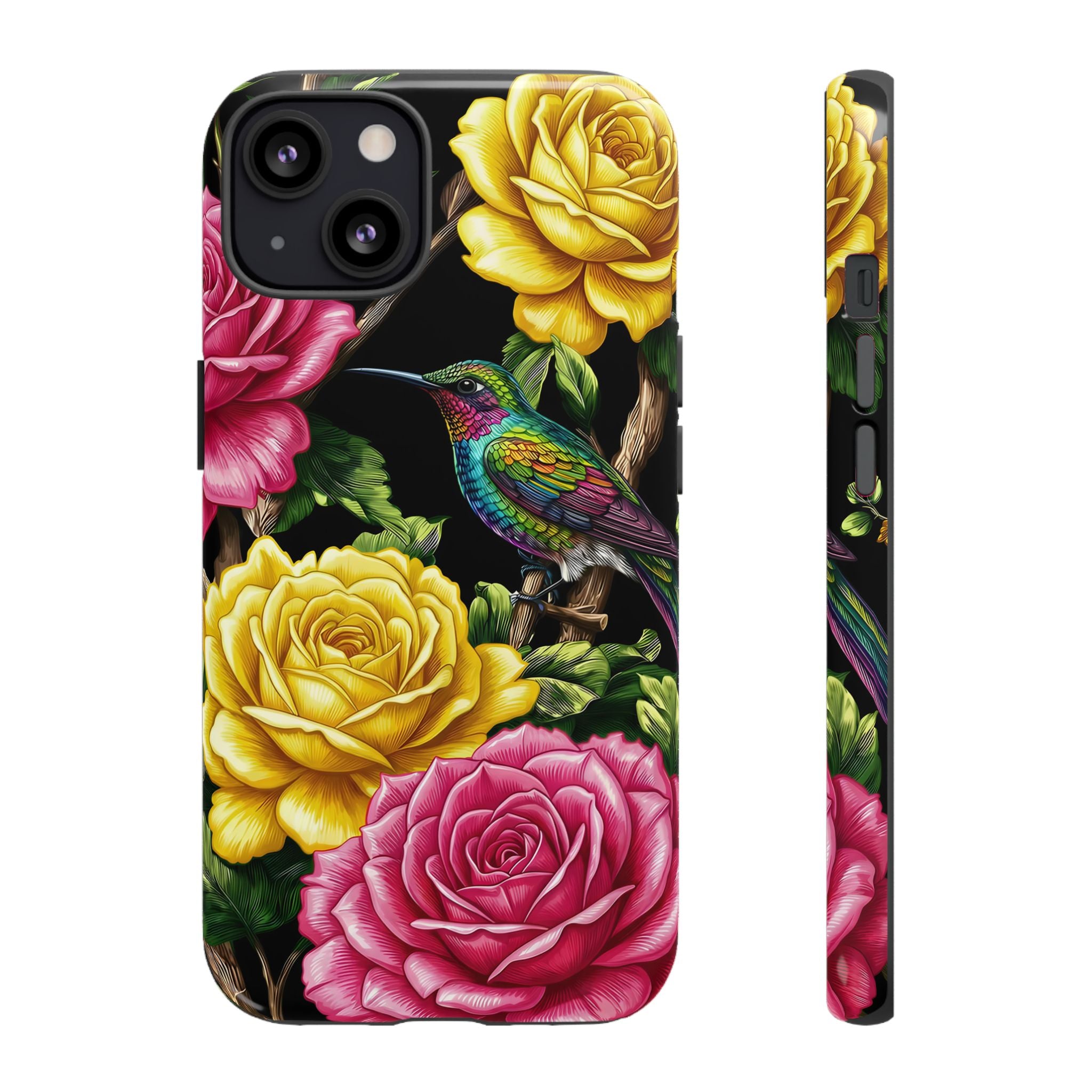 Floral Hummingbird Tough iPhone Case | Vibrant Rose & Yellow Garden Protection