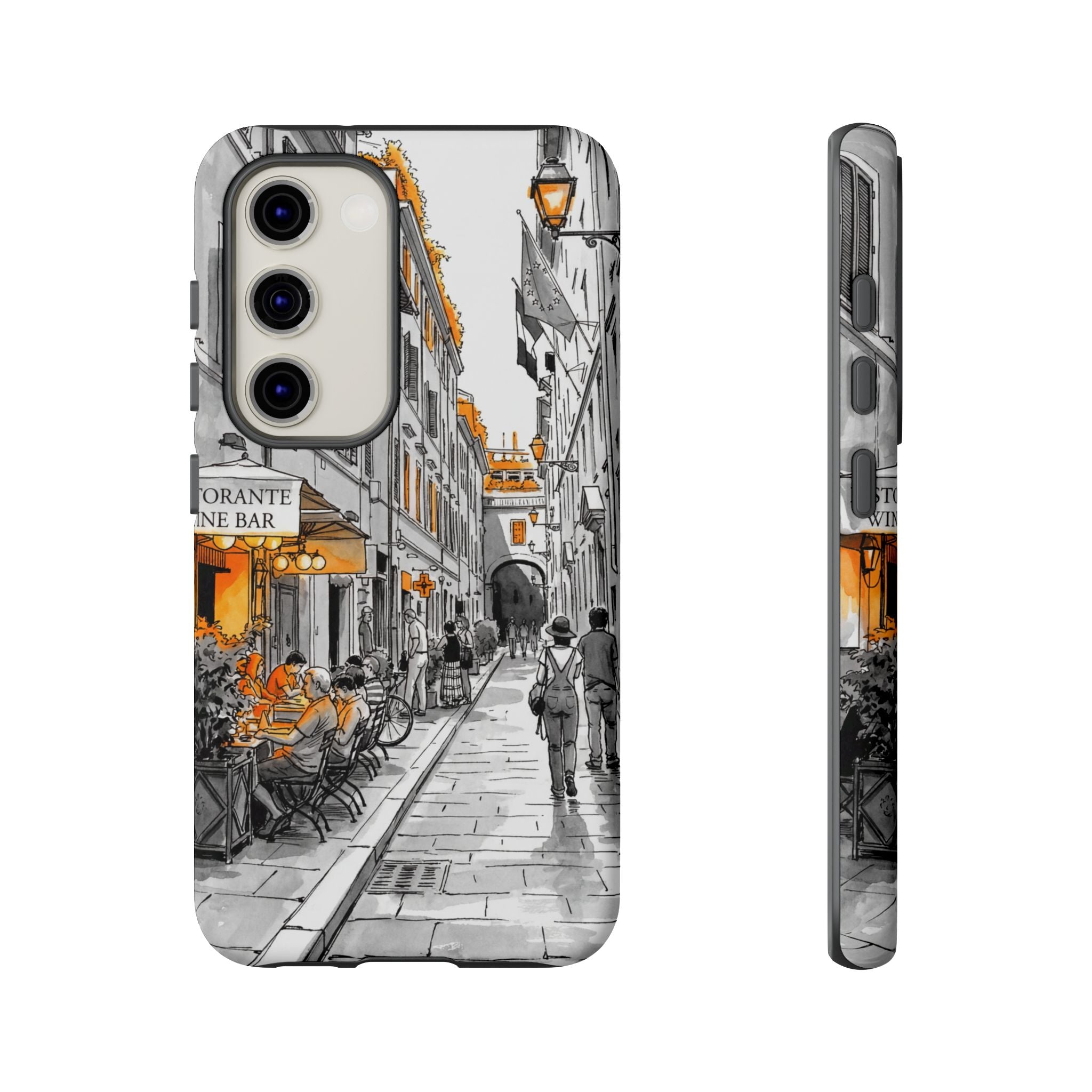 Italy Street Samsung Galaxy Case | Black & White Cityscape with Orange Accents