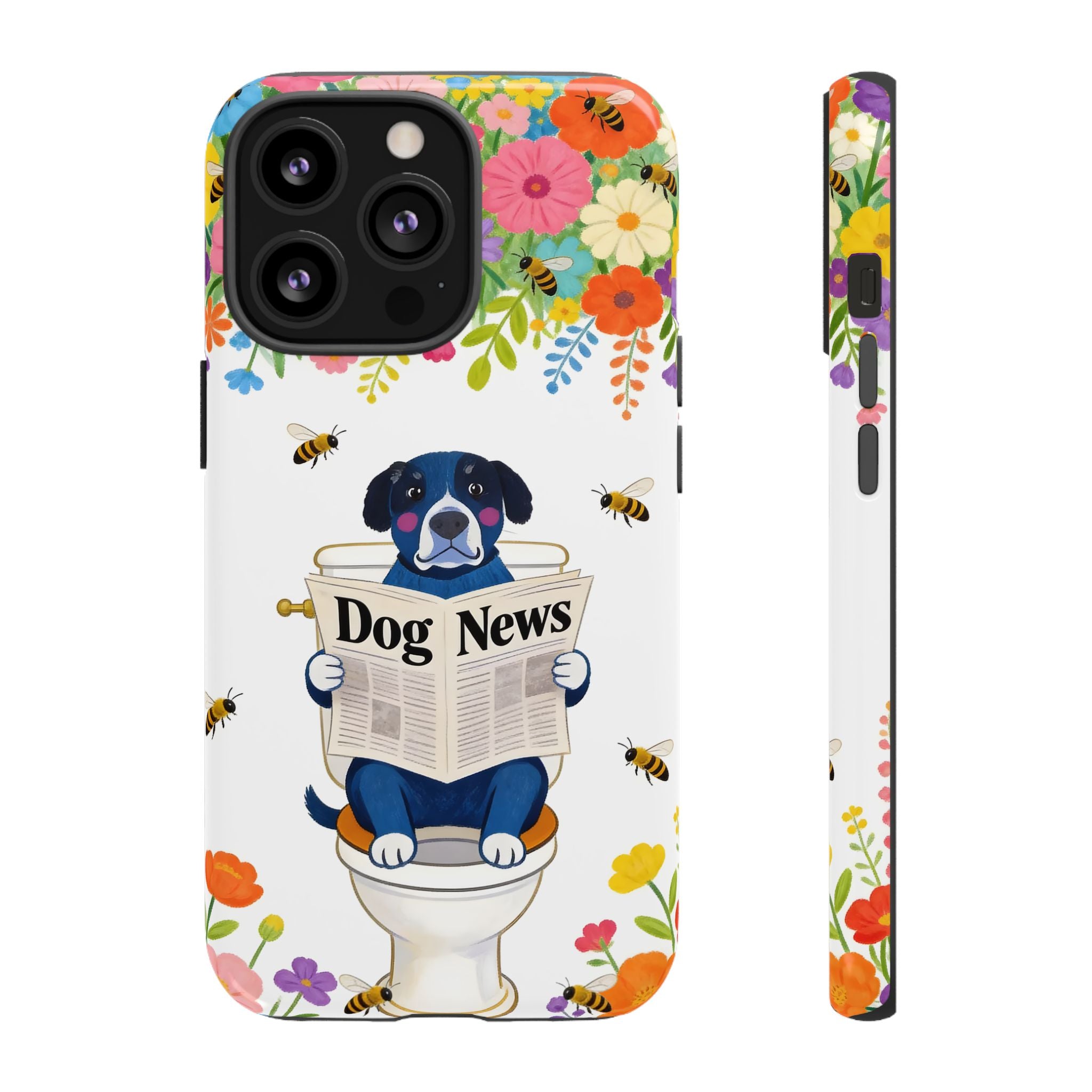 Dog News Floral iPhone Case | Cute Dog on Toilet Pattern, Spring Floral iPhone Cover