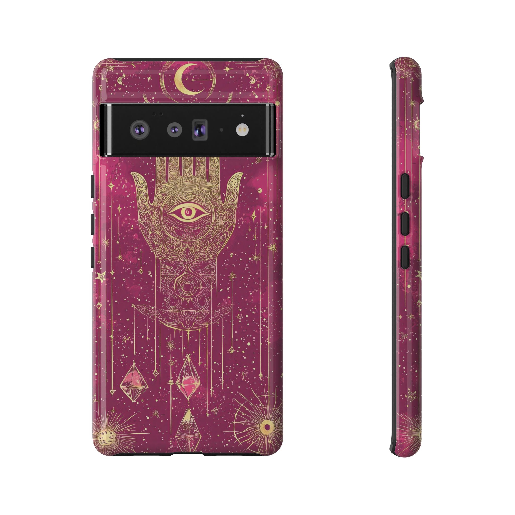 Mystic Hamsa Google Pixel Case | Gold Palm & All-Seeing Eye on Magenta Galaxy