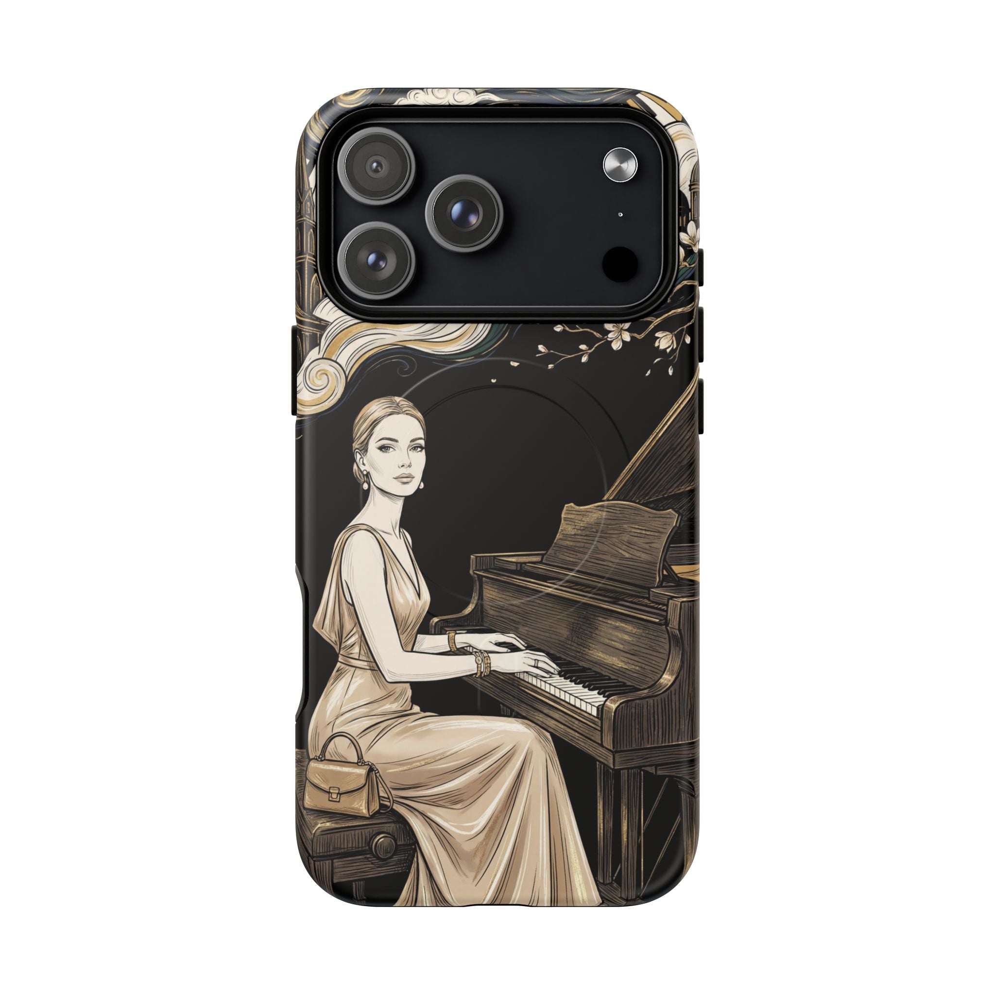 Elegant Piano Woman MagSafe iPhone Case | Vintage Art Deco Music Design