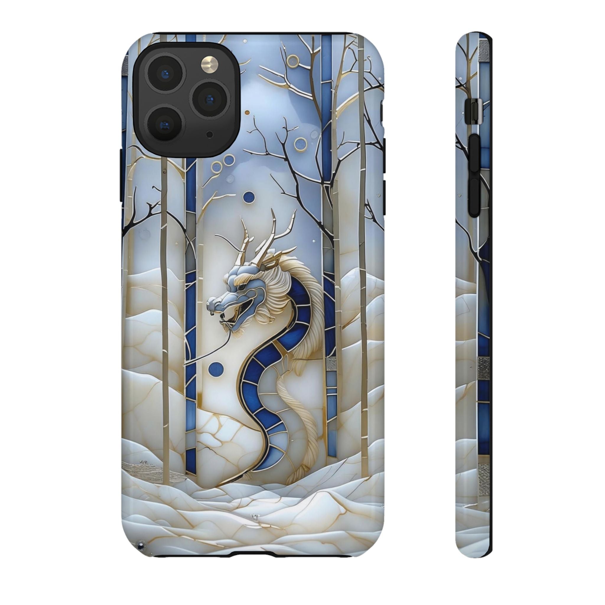 Dragon Stained Glass iPhone Case — Blue Winter Forest Protective Cover