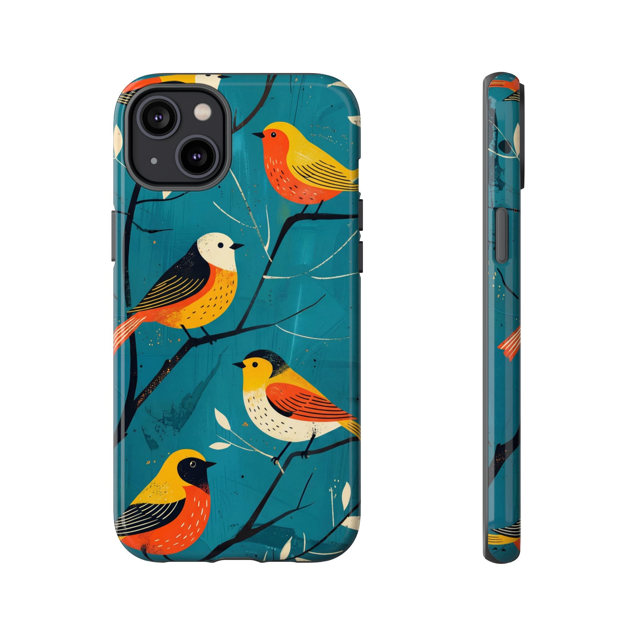 Bird Pattern Tough iPhone Case | Colourful Songbirds on Teal Background