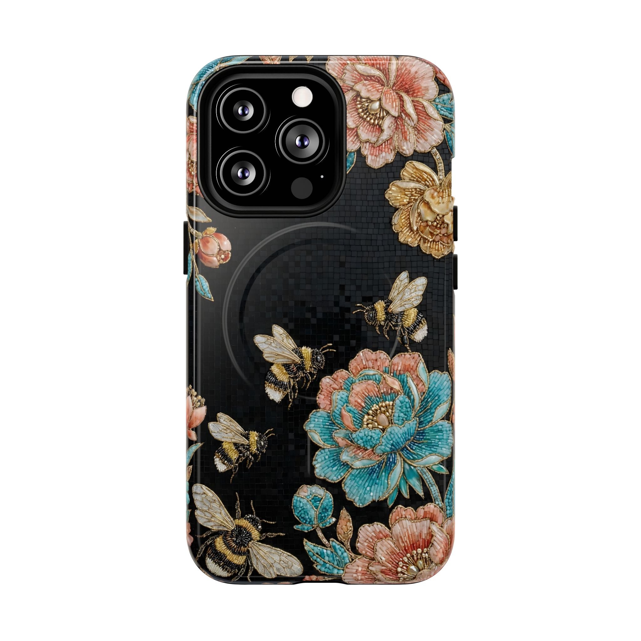 Floral Bees Tough MagSafe iPhone Case | Vintage Rose & Bumblebee Protective Cover