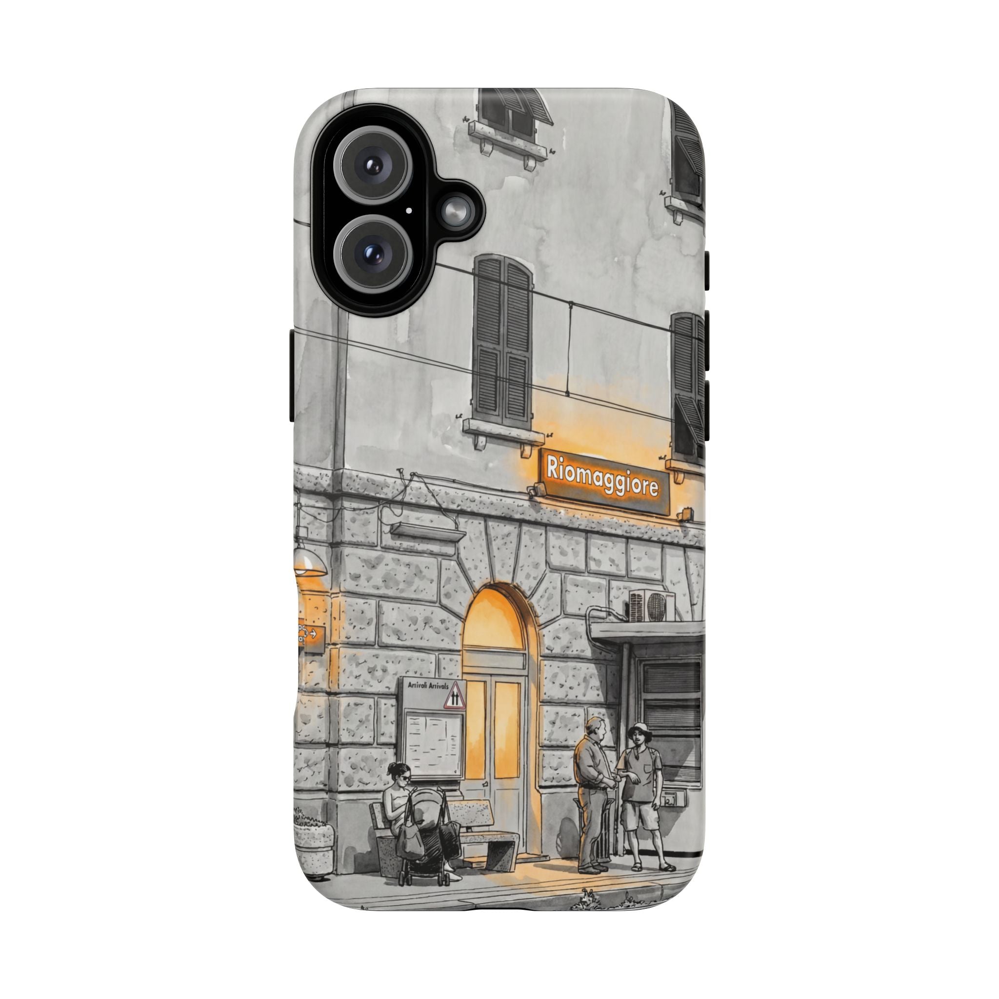Cinque Terre Train Station iPhone Case | Black & White Sketch with Warm Yellow Accents