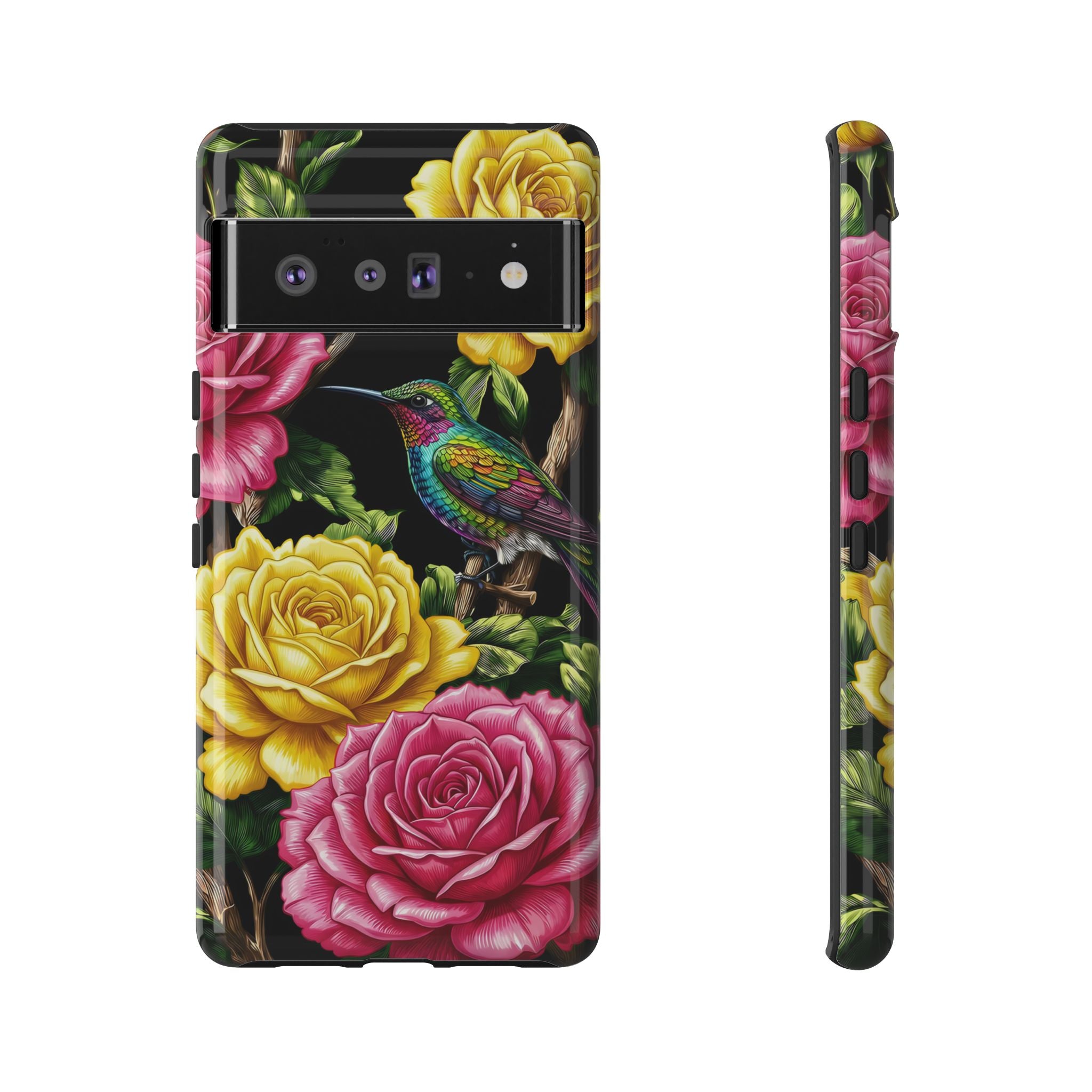 Floral Hummingbird Tough Google Pixel Phone Case | Vibrant Rose & Yellow Garden Protection