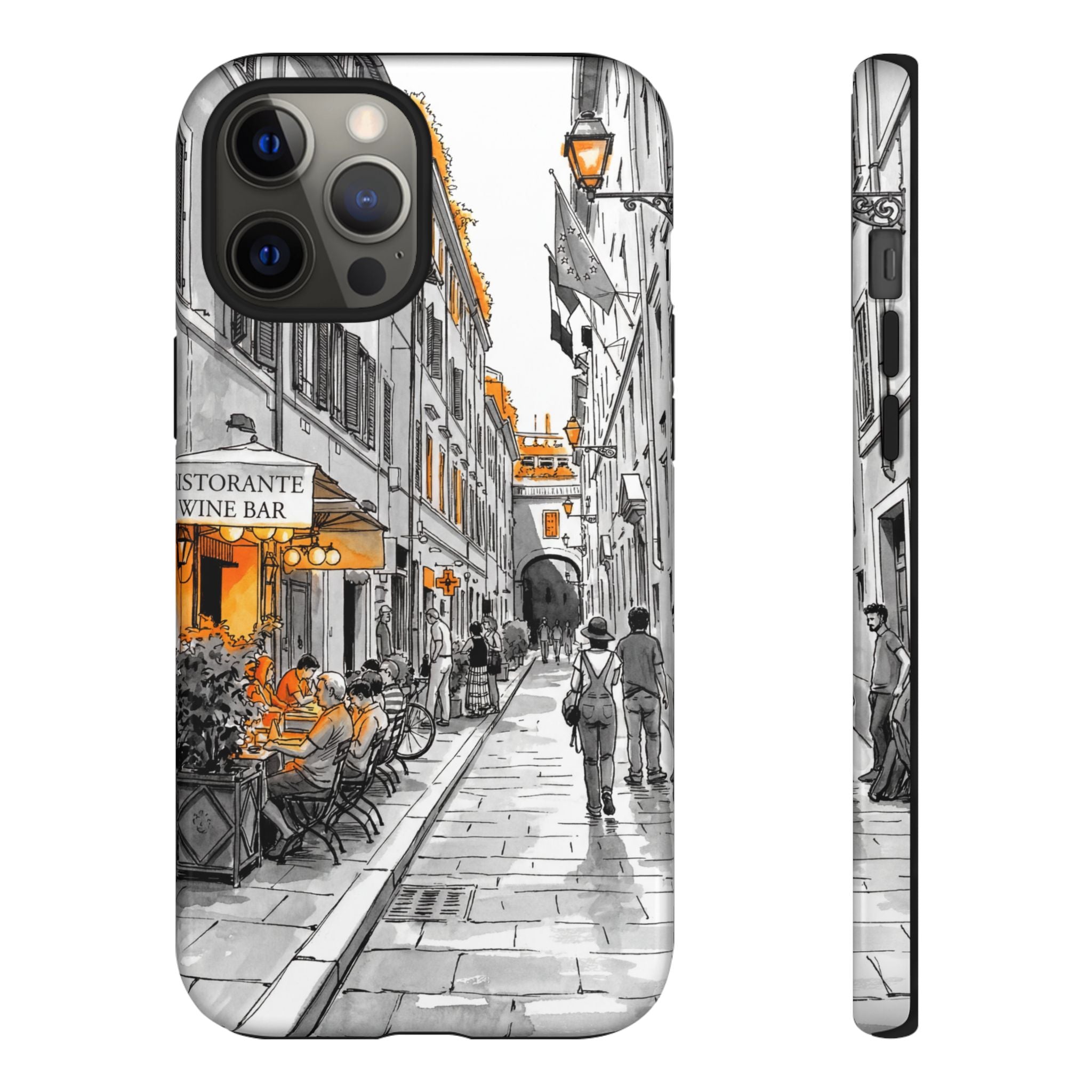 Vintage Italy Street iPhone Case | Black & White Sketch with Orange Accent