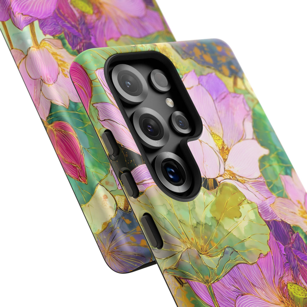 Custodia Protettiva Resistente per Telefono Samsung Galaxy con Acquerello Floreale | Cover Protettiva Giardino di Loto Rosa