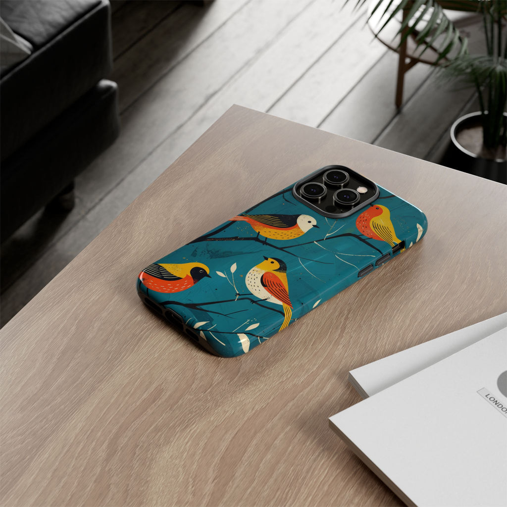 Bird Pattern Tough iPhone Case | Colourful Songbirds on Teal Background