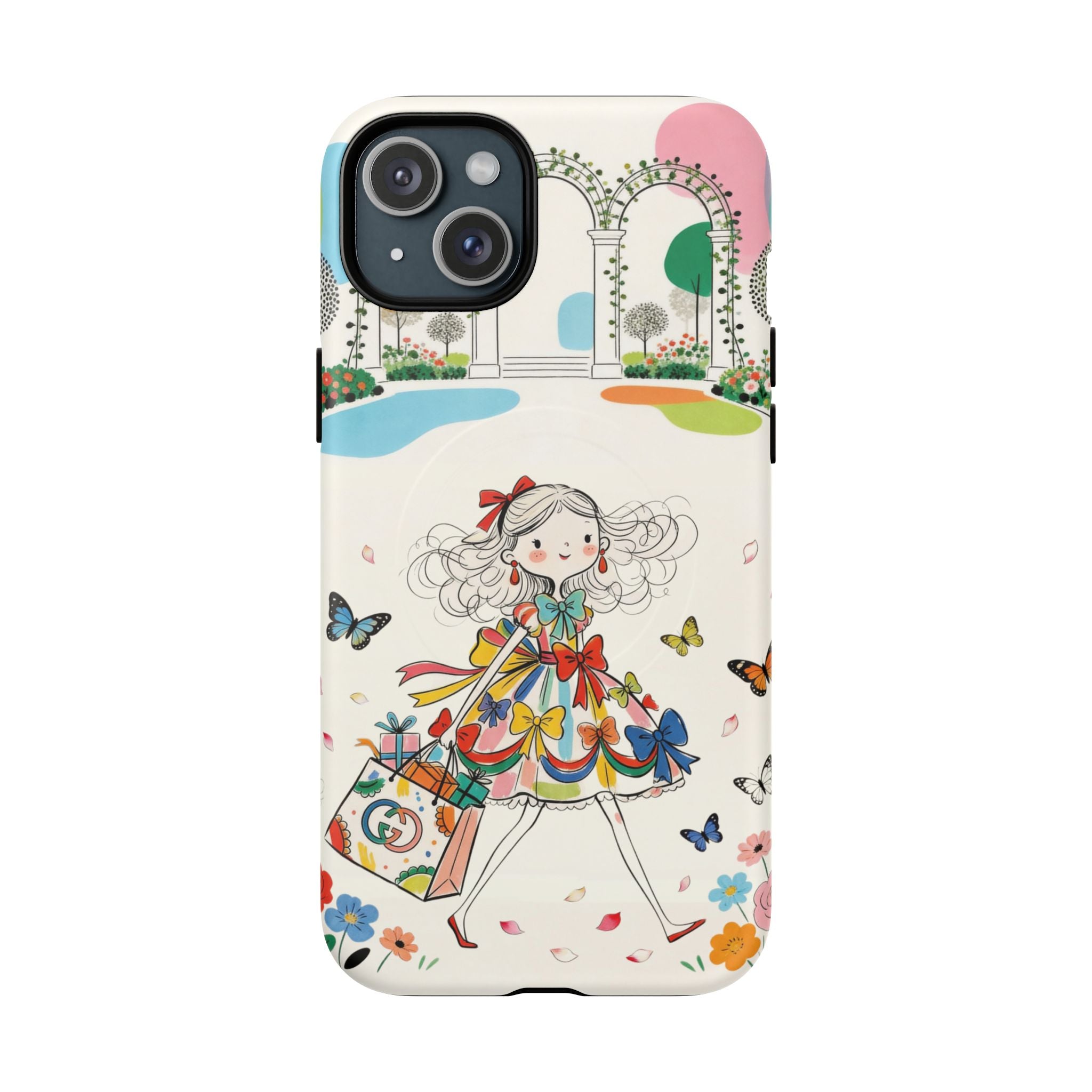 Whimsical Shopping Girl MagSafe iPhone Case | Cute Floral Butterfly Tough Case