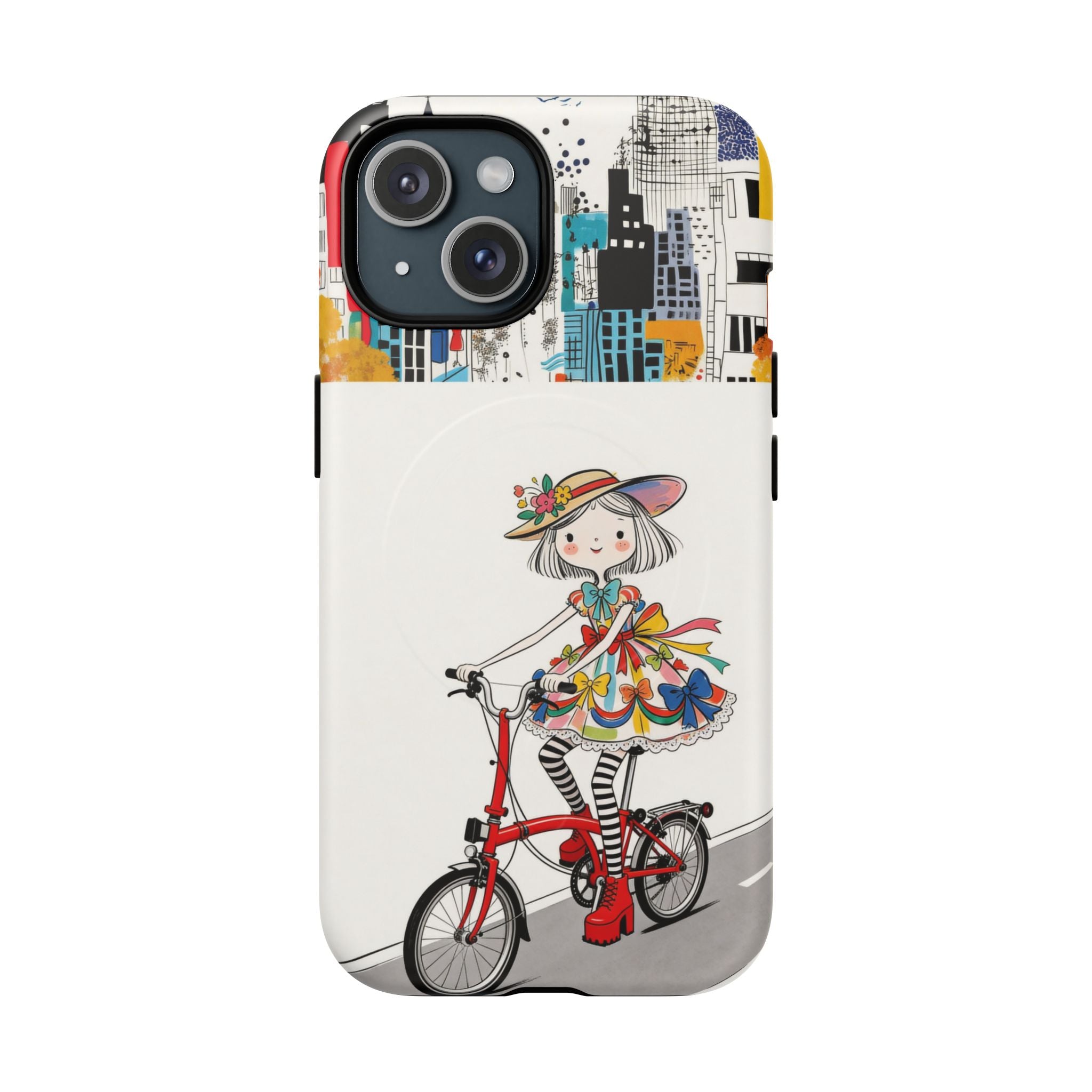 Whimsical Girl on Brompton Bicycle Urban Illustration MagSafe iPhone Case