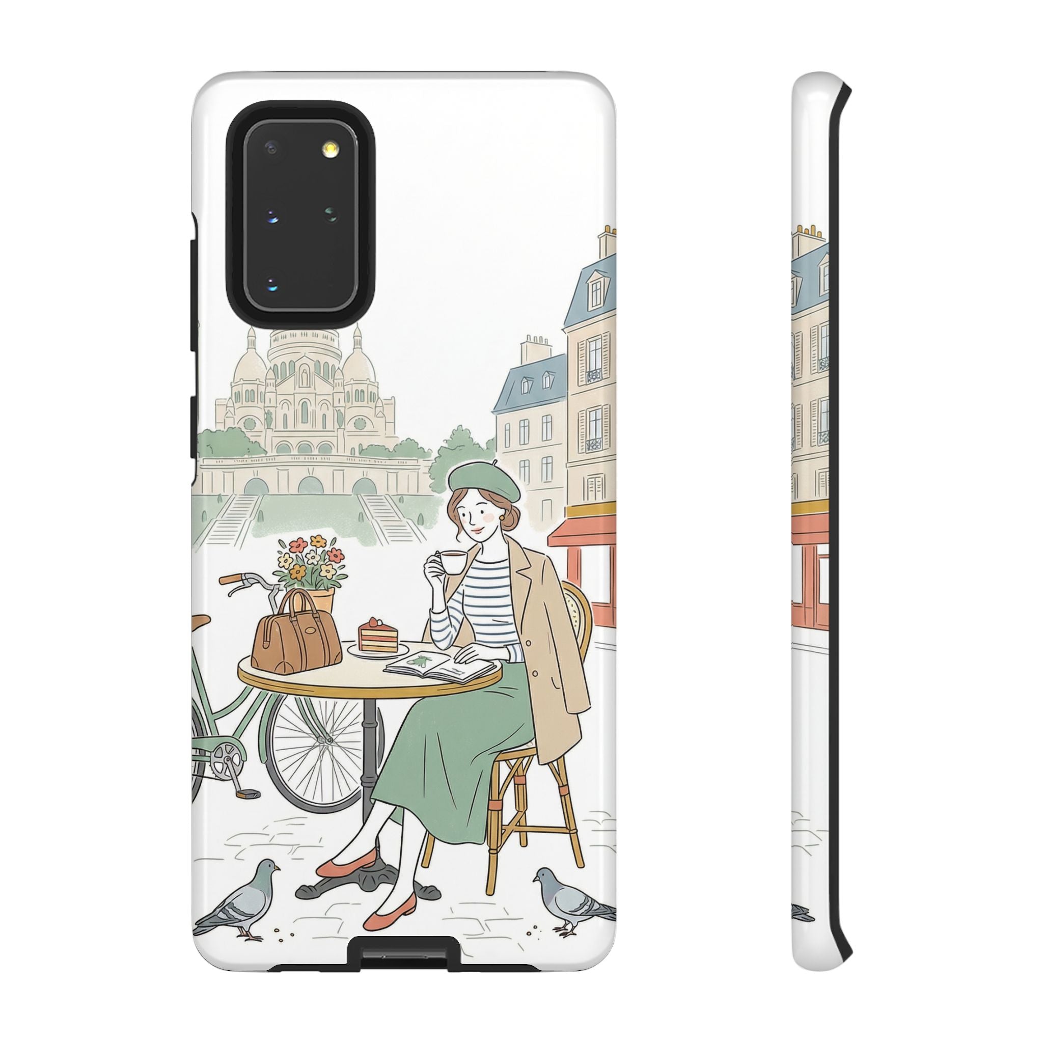 Paris Cafe Illustration Samsung Galaxy Phone Case | Vintage Bicycles & Pigeons Protective Cover