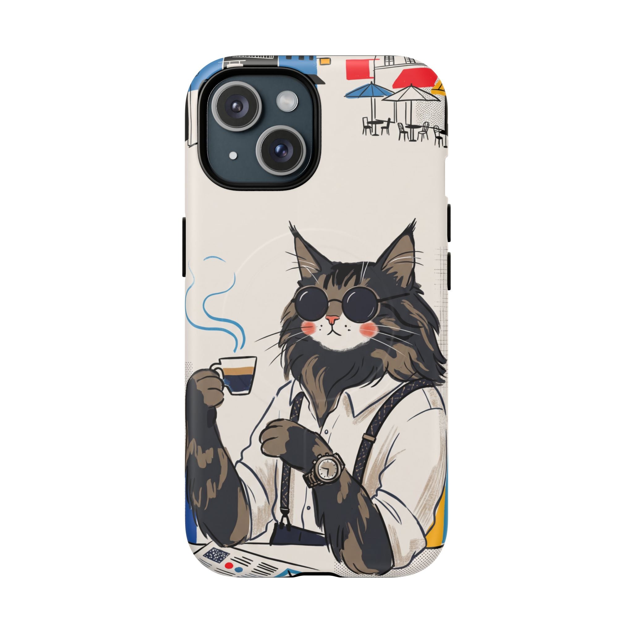 Cat Barista MagSafe iPhone Case | Cool Cat in Sunglasses Coffee Shop Design