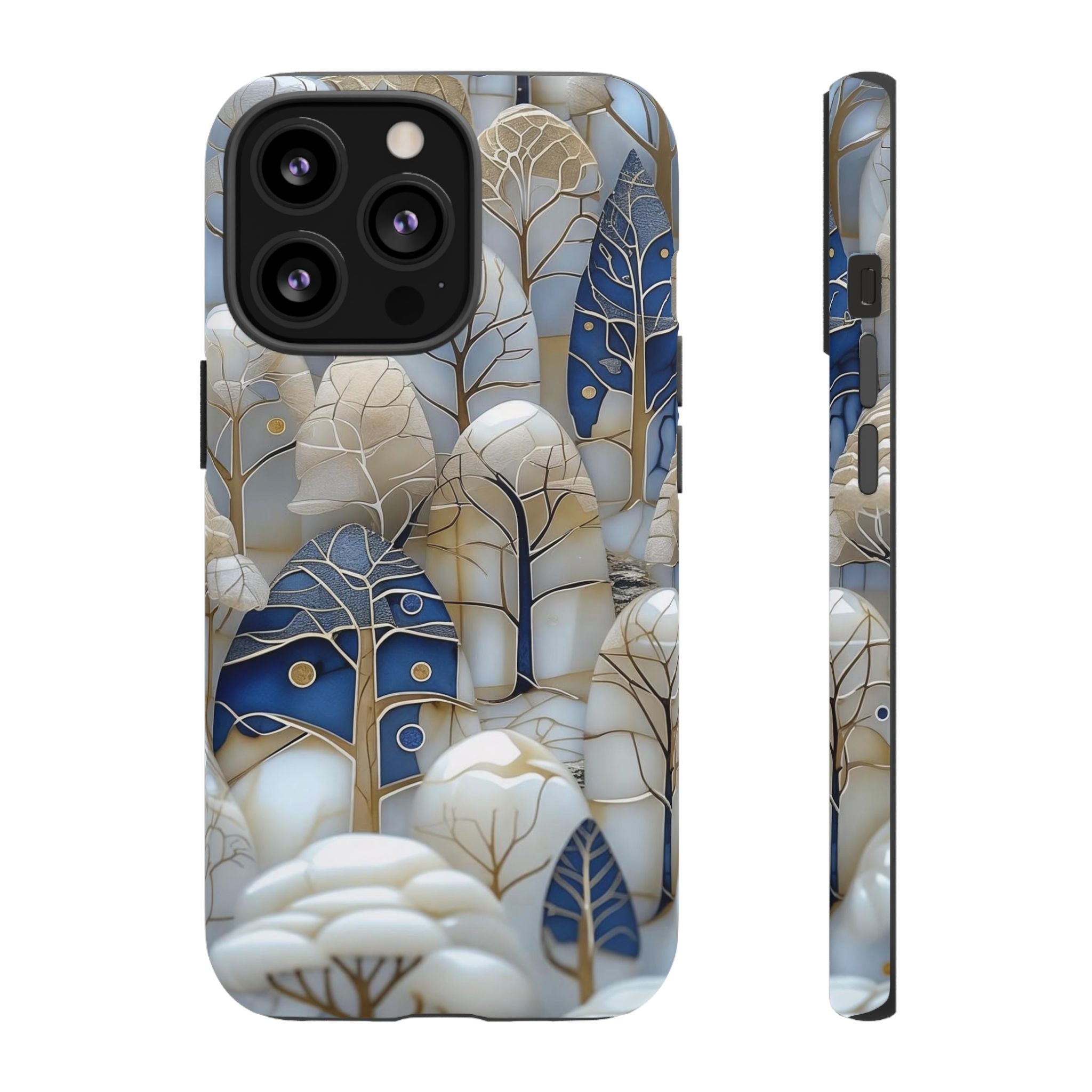 Blue Gold Winter Forest iPhone Case — Elegant Tree Pattern Tough Case
