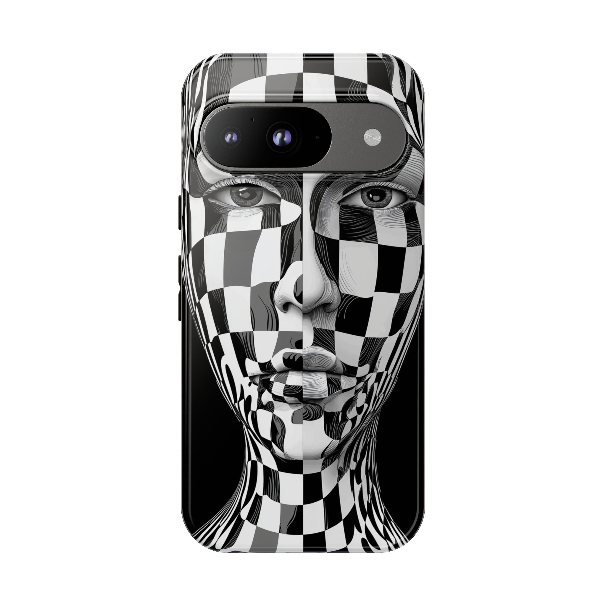Checkerboard Face Tough Google Pixel Case — Black & White Surreal Art Protective Cover
