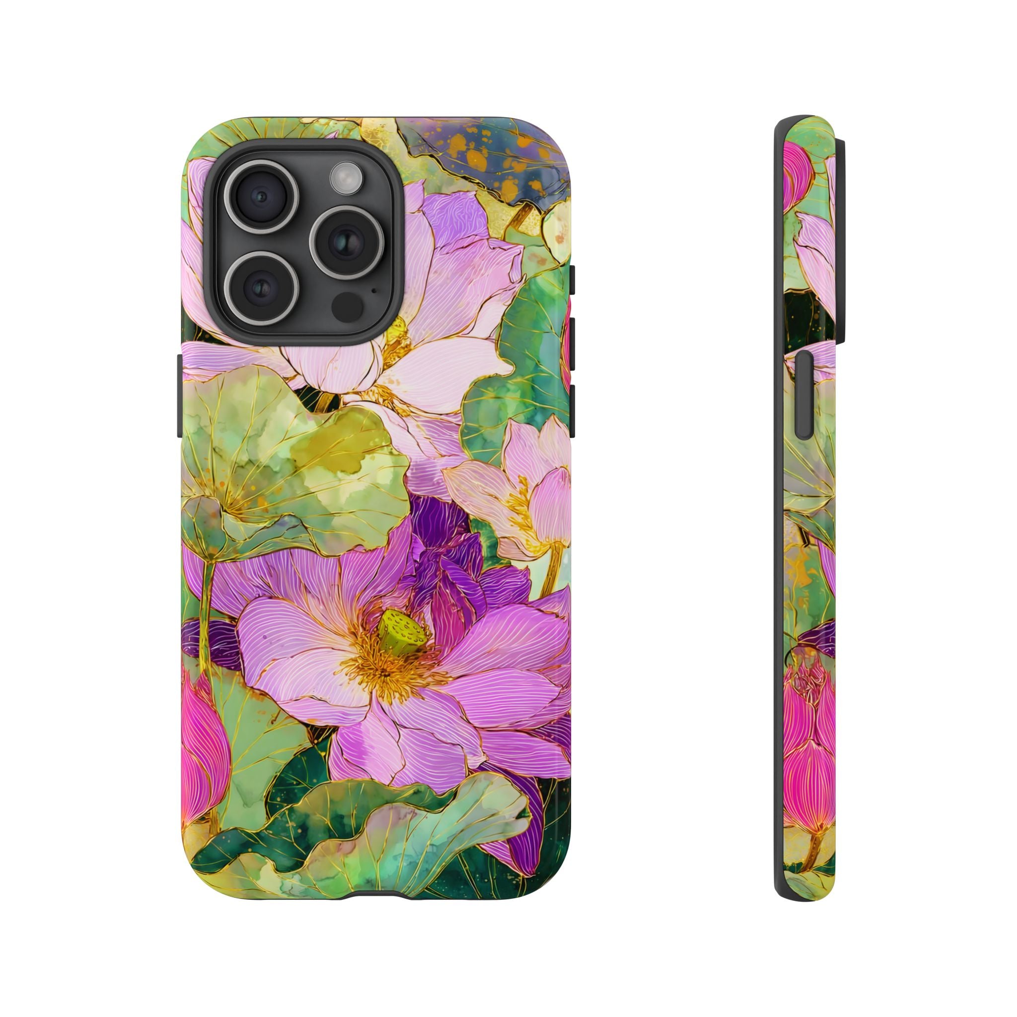 Floral Watercolor Tough iPhone Case | Pink Lotus Garden Protective Cover