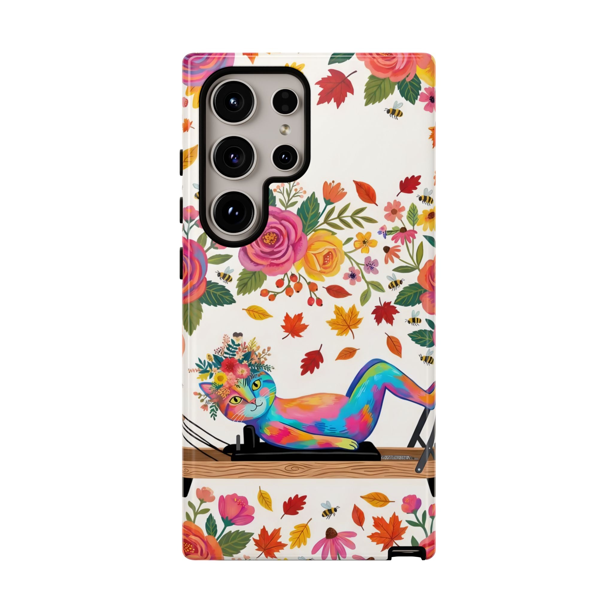 Autumn Floral Pilates Samsung Galaxy Phone Case | Colorful Rainbow Pilates Figure on Falling Leaves