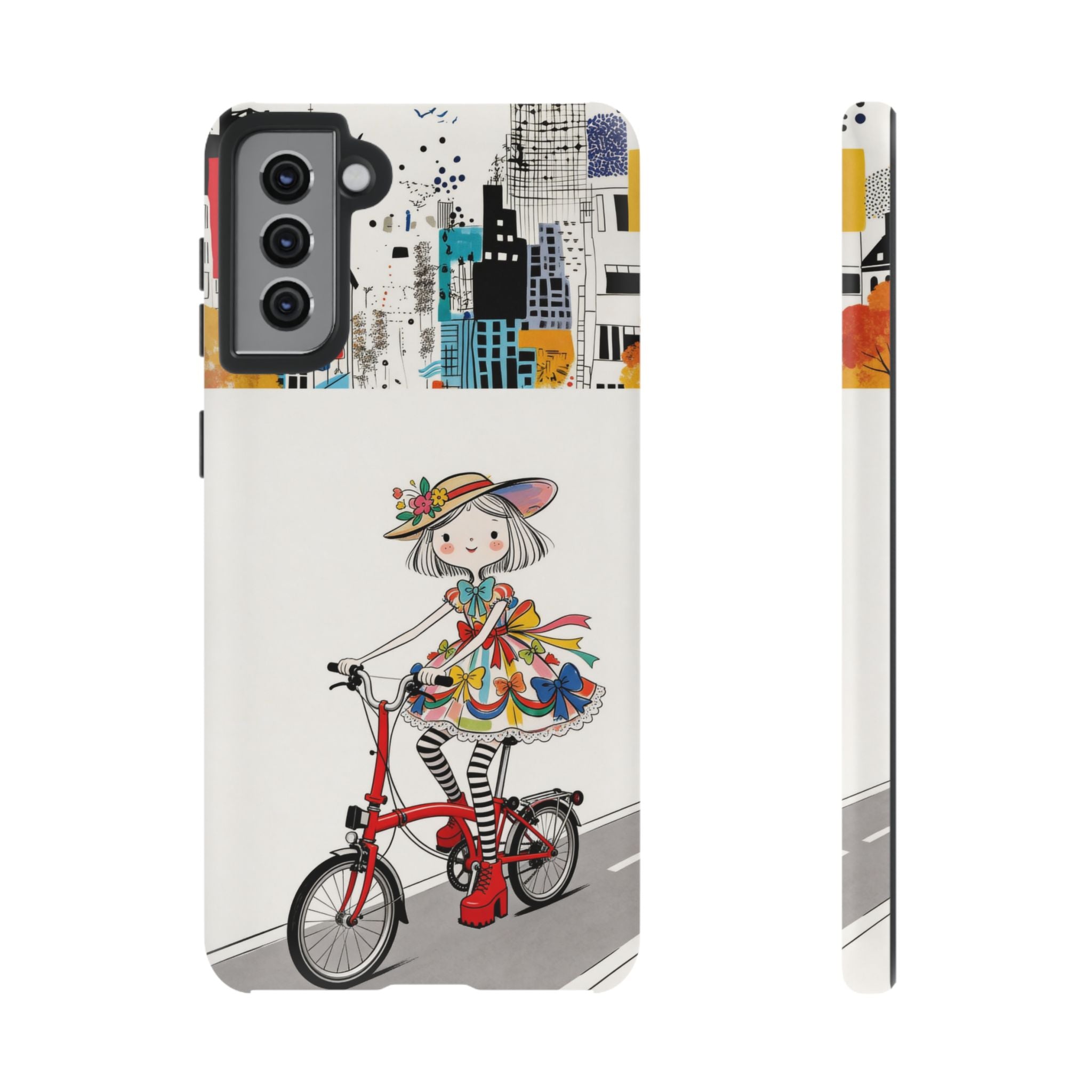 Whimsical Girl on Brompton Bicycle Urban Illustration Samsung Galaxy Phone Case