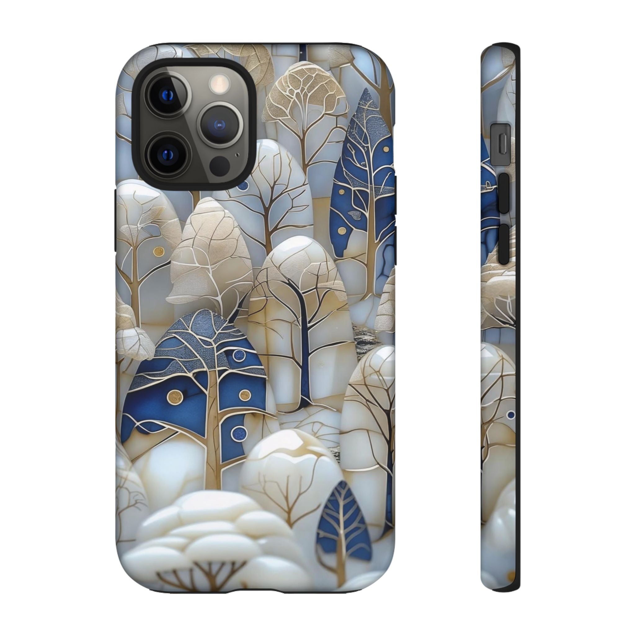 Blue Gold Winter Forest iPhone Case — Elegant Tree Pattern Tough Case