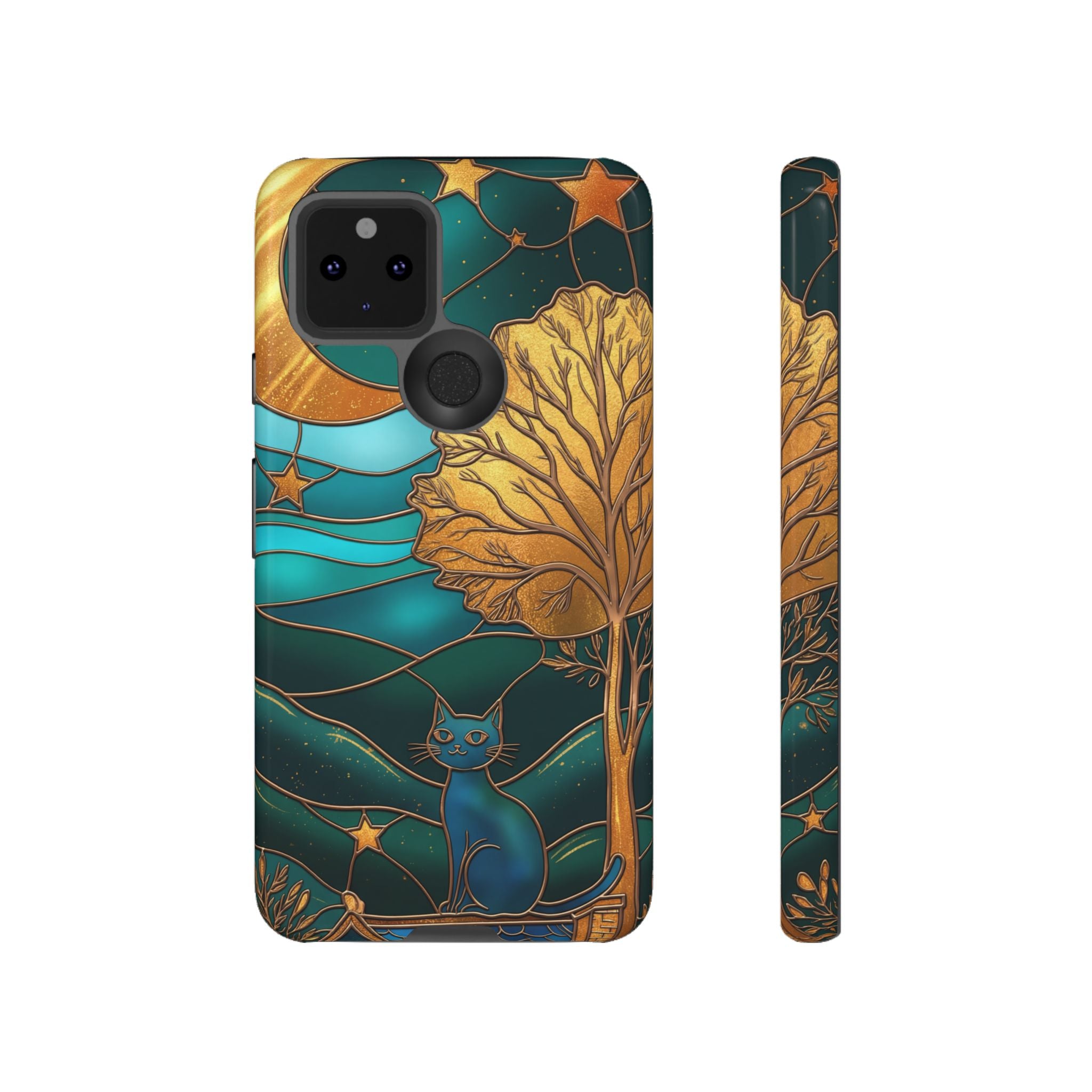 Stained Glass Night Cat Google Pixel Case | Teal & Gold Art Deco Protection
