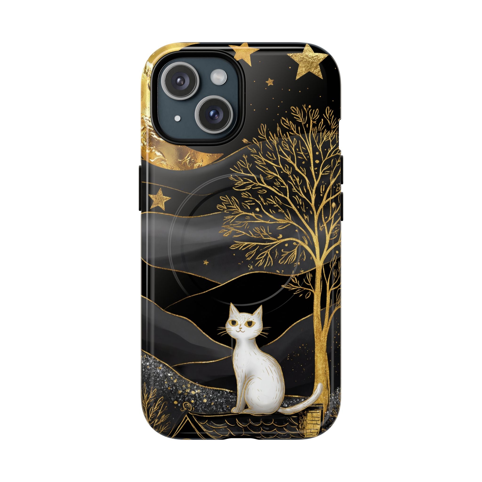 Custodia per iPhone Moonlit Cat | Custodia resistente MagSafe nera e oro