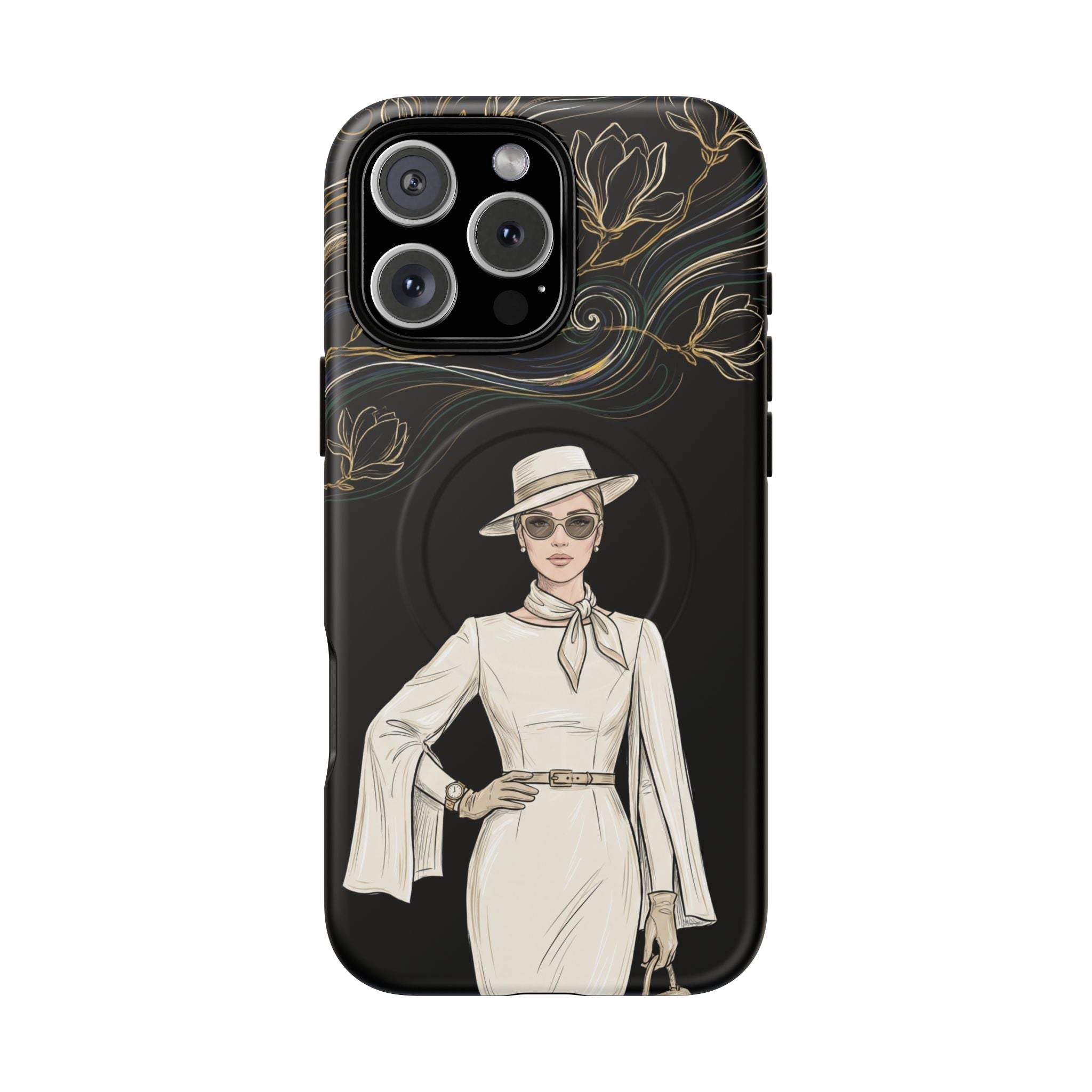 MagSafe iPhone Case | Elegant Vintage Lady with Gold Floral Swirls