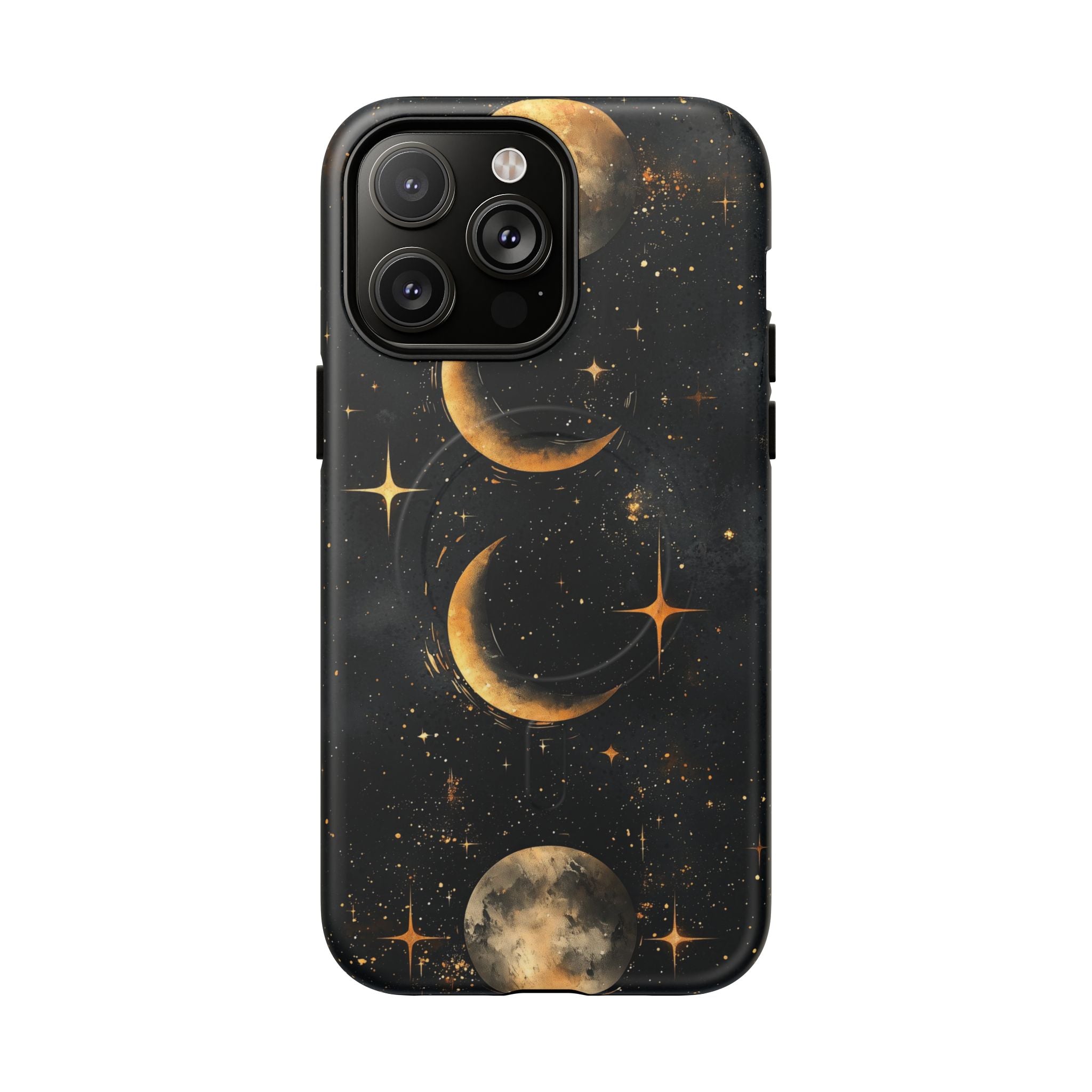 Custodia rigida MagSafe per iPhone con fasi lunari celestiali | Design a forma di galassia con mezzaluna dorata e luna piena