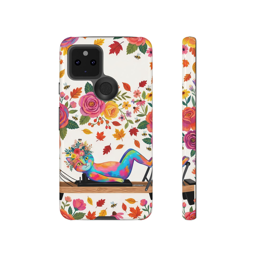 Autumn Floral Pilates Google Pixel Phone Case | Colorful Rainbow Pilates Cat on Falling Leaves