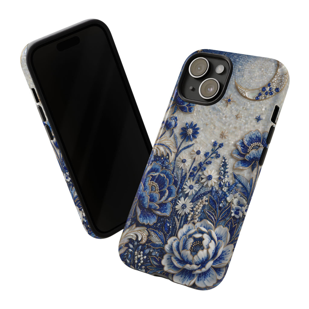 Cover iPhone Luna Floreale Blu | Custodia Protettiva Vintage Motivo Botanico Notturno