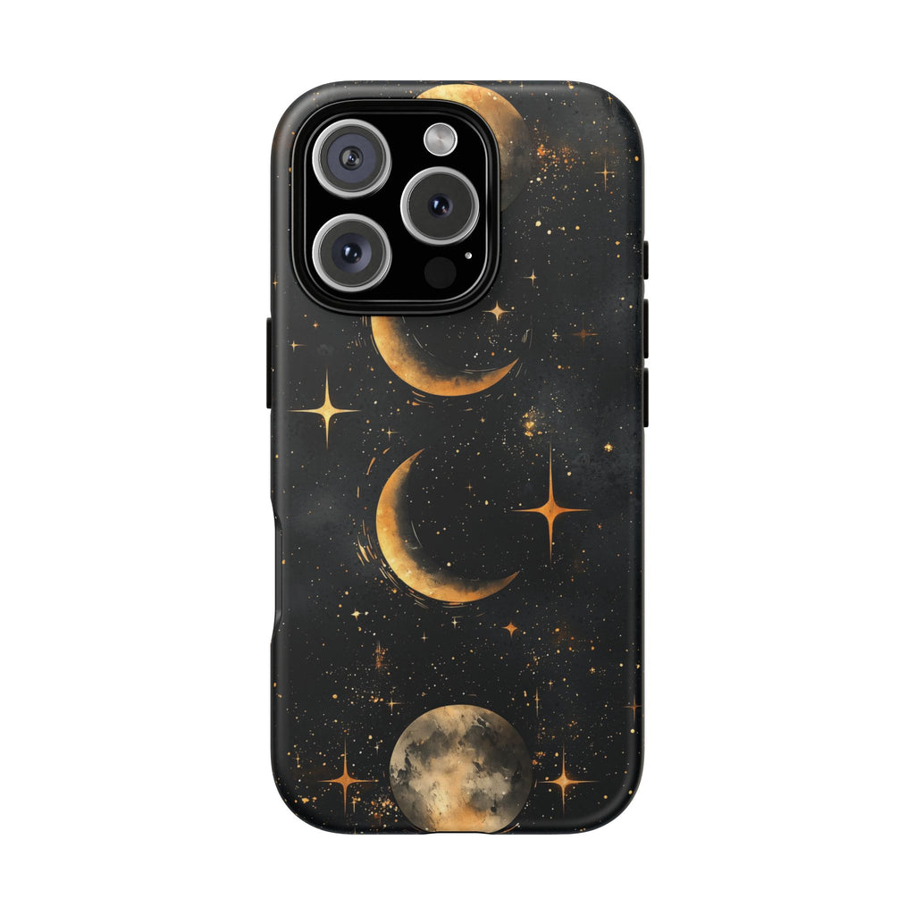 Celestial Moon Phases Tough iPhone Case | Gold Crescent & Full Moon Galaxy Design