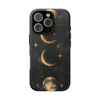 Celestial Moon Phases Tough iPhone Case | Gold Crescent & Full Moon Galaxy Design