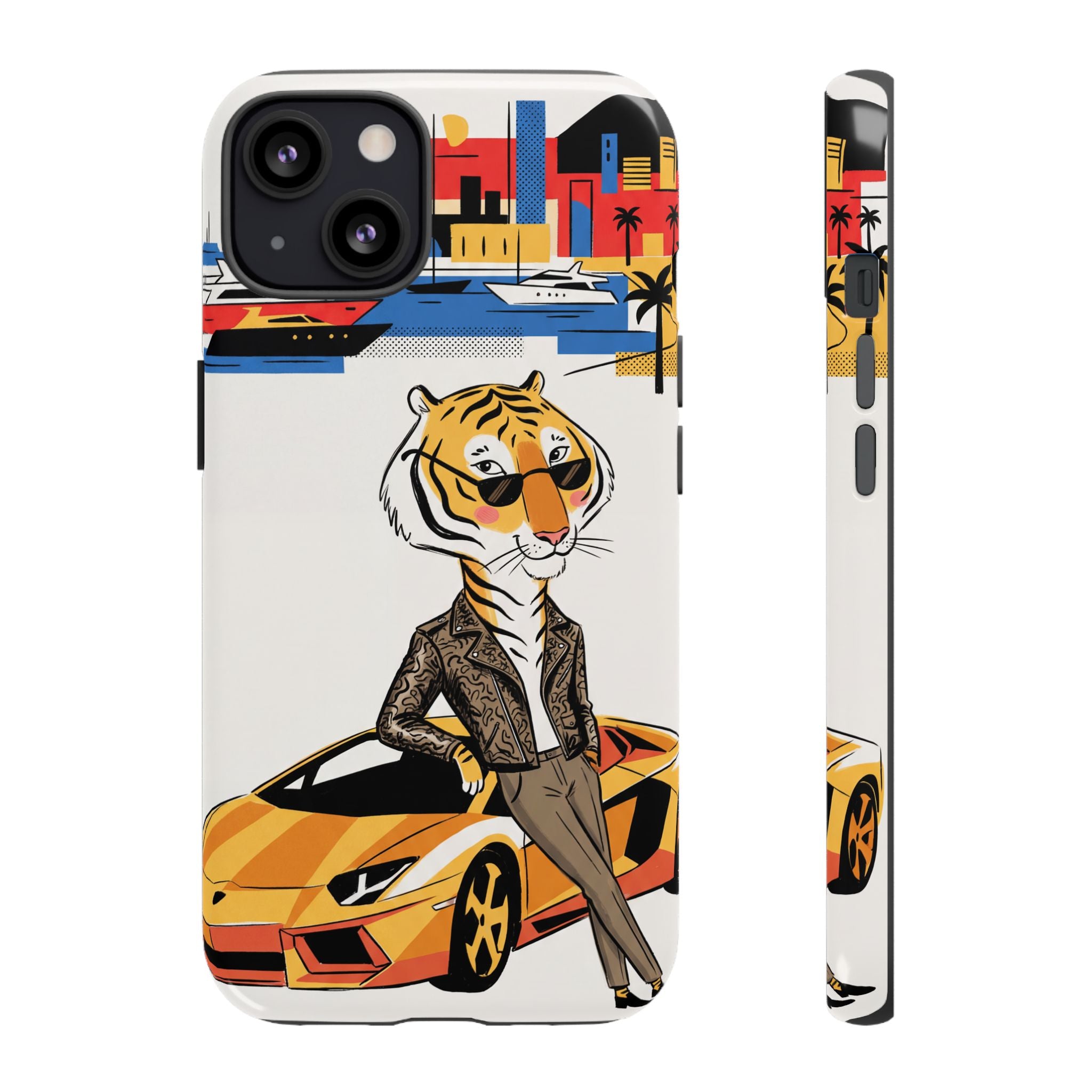 Stylish Tiger with Sports Car Illustration iPhone Case