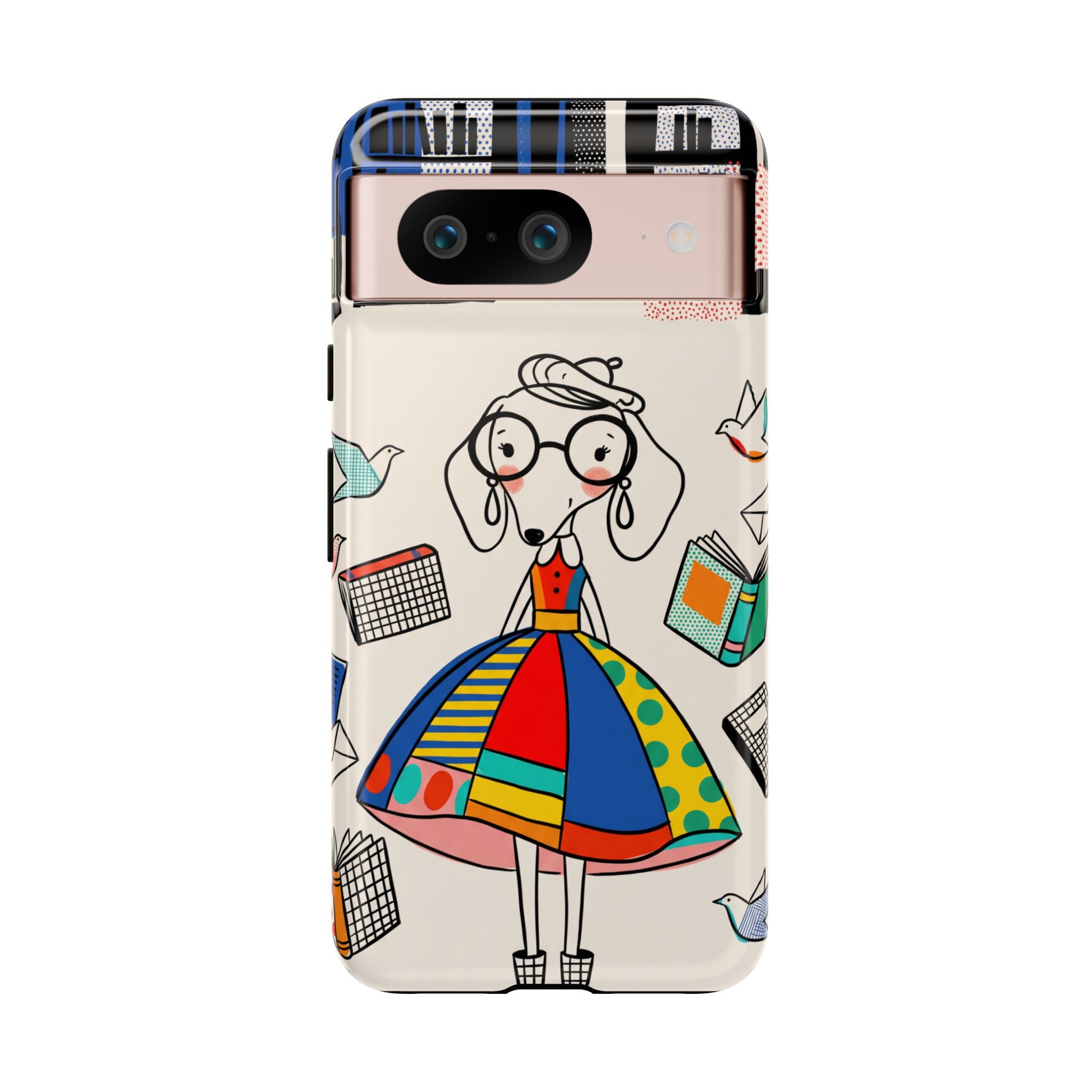Cute Dachshund Dog Illustration Google Pixel Phone Case | Colorful Whimsical Book & Bird Design