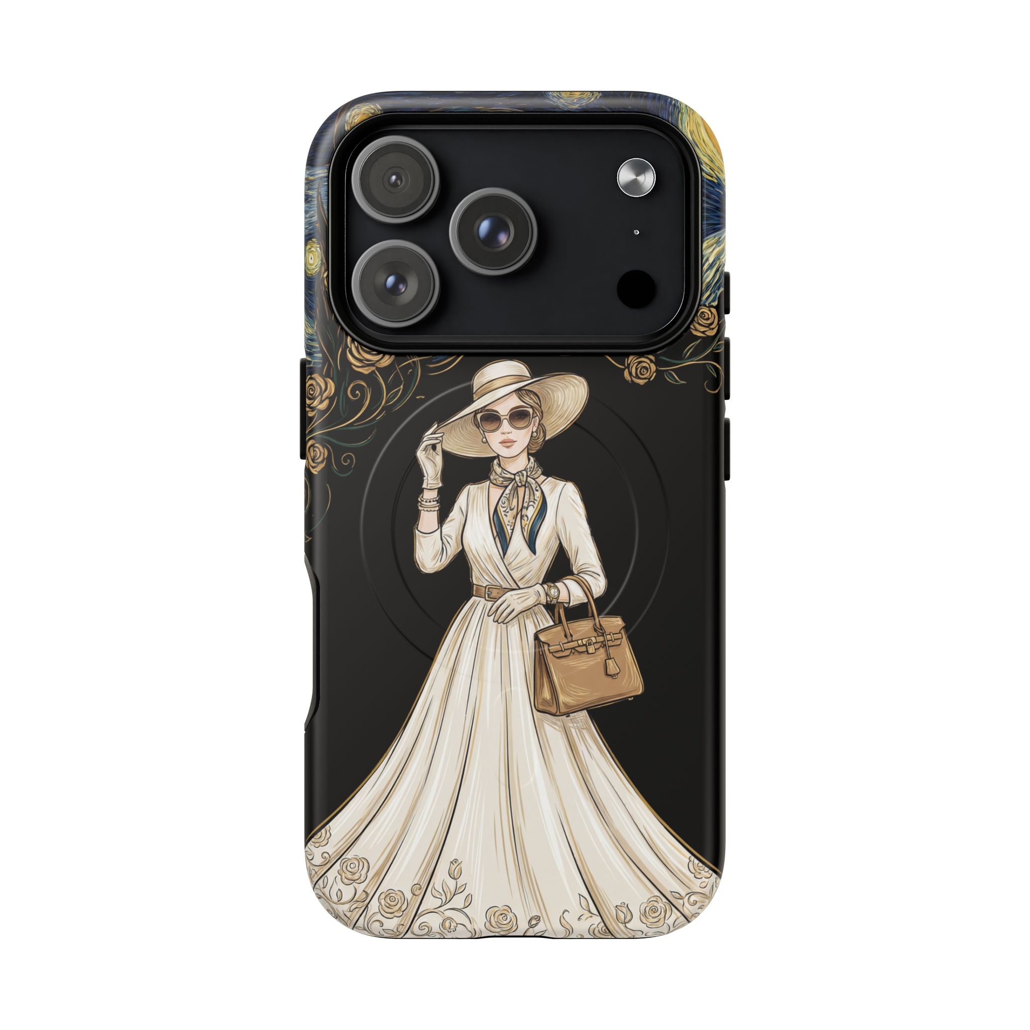 Vintage Starry Night Fashion MagSafe iPhone Case | Elegant Lady in White Dress