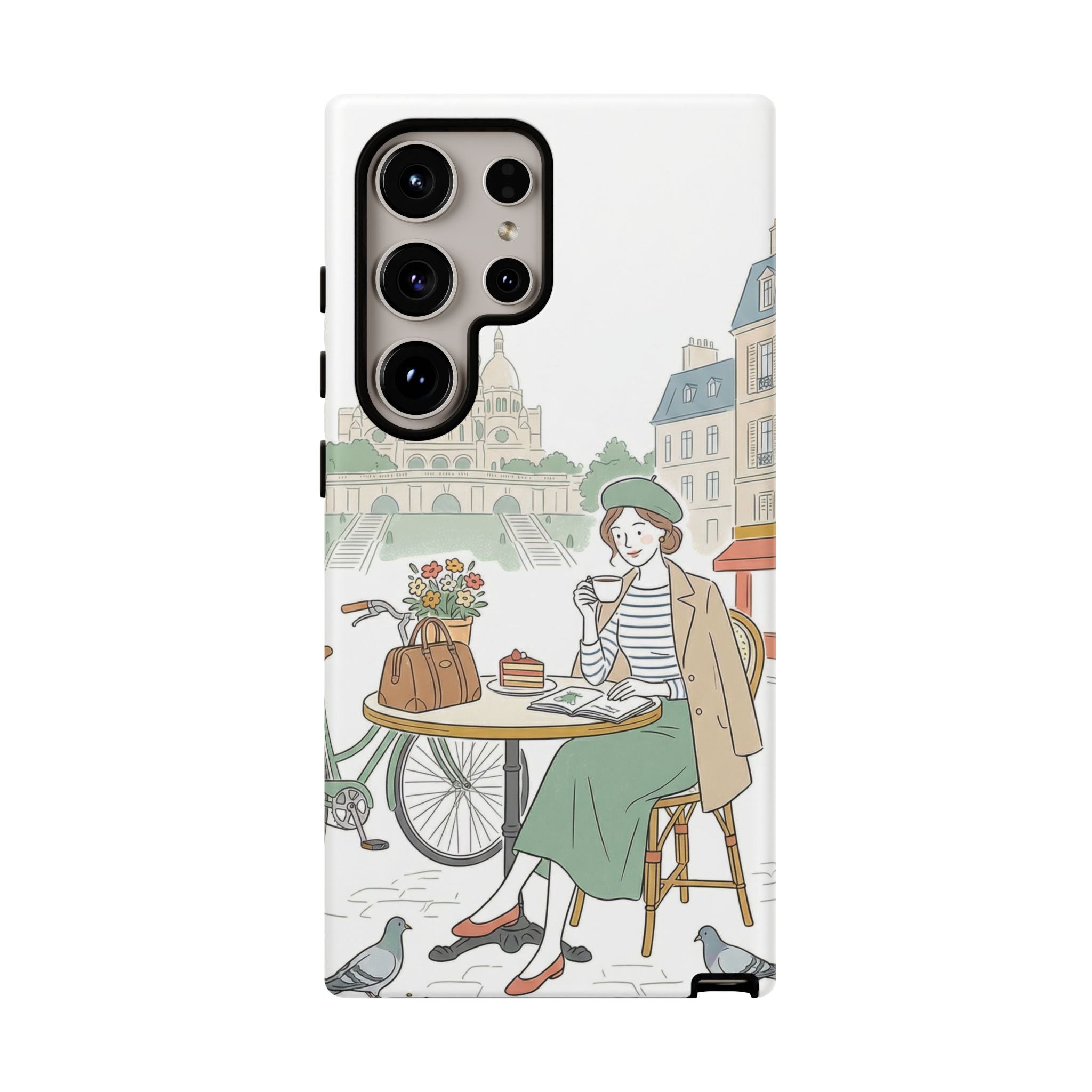 Paris Cafe Illustration Samsung Galaxy Phone Case | Vintage Bicycles & Pigeons Protective Cover