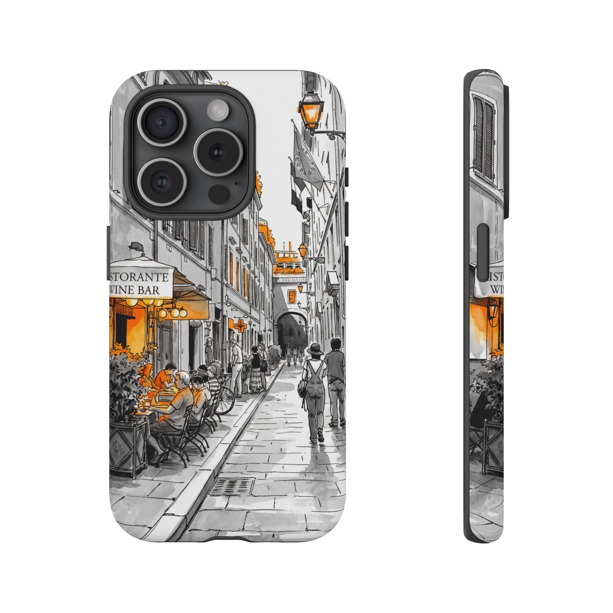 Vintage Italy Street iPhone Case | Black & White Sketch with Orange Accent