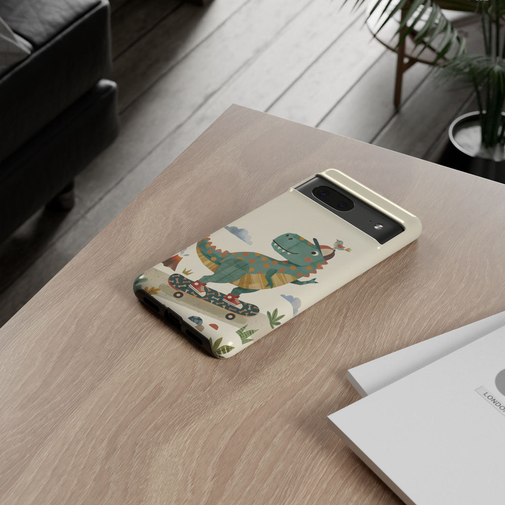 Cute Skateboarding Dinosaur Tough Google Pixel Phone Case | Vintage Kid Aesthetic T Rex Cover