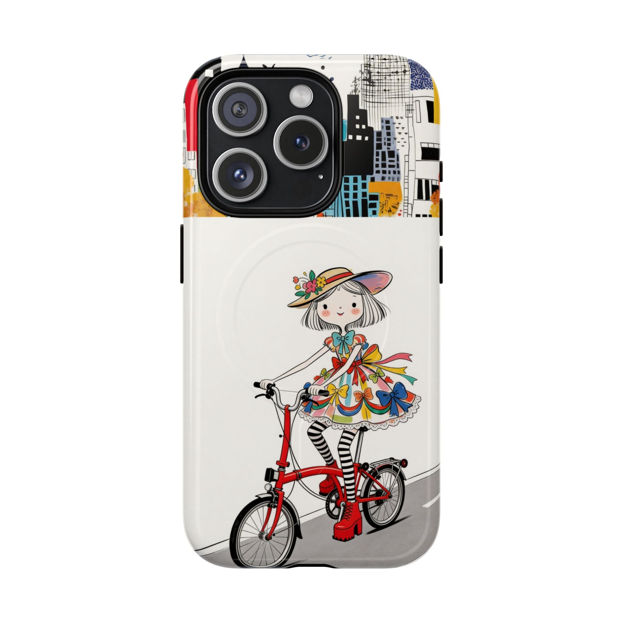 Whimsical Girl on Brompton Bicycle Urban Illustration MagSafe iPhone Case