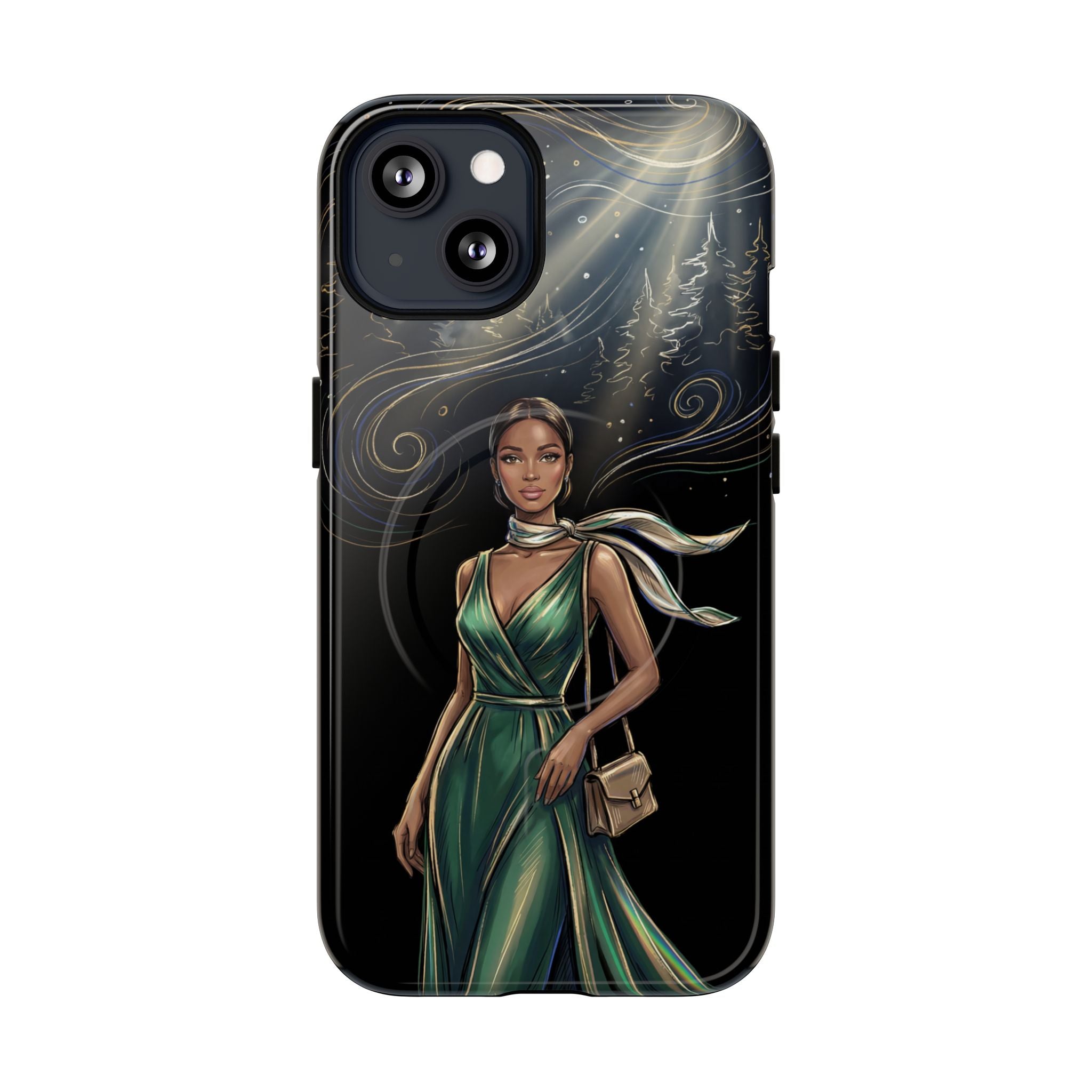 Elegant Woman in Green Dress Art Protective Tough MagSafe iPhone Case