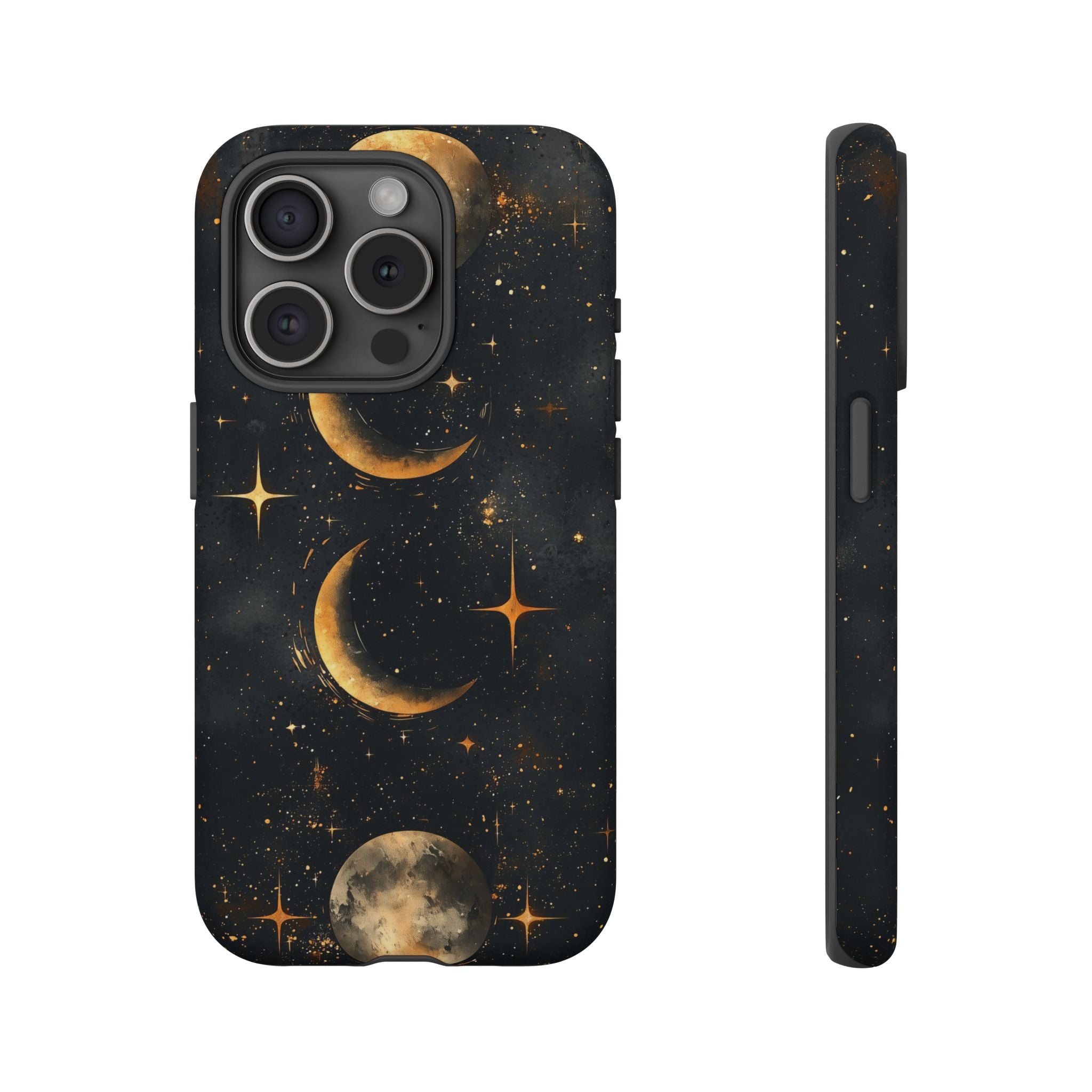 Celestial Moon Phases Tough iPhone Case | Gold Crescent & Full Moon Galaxy Design